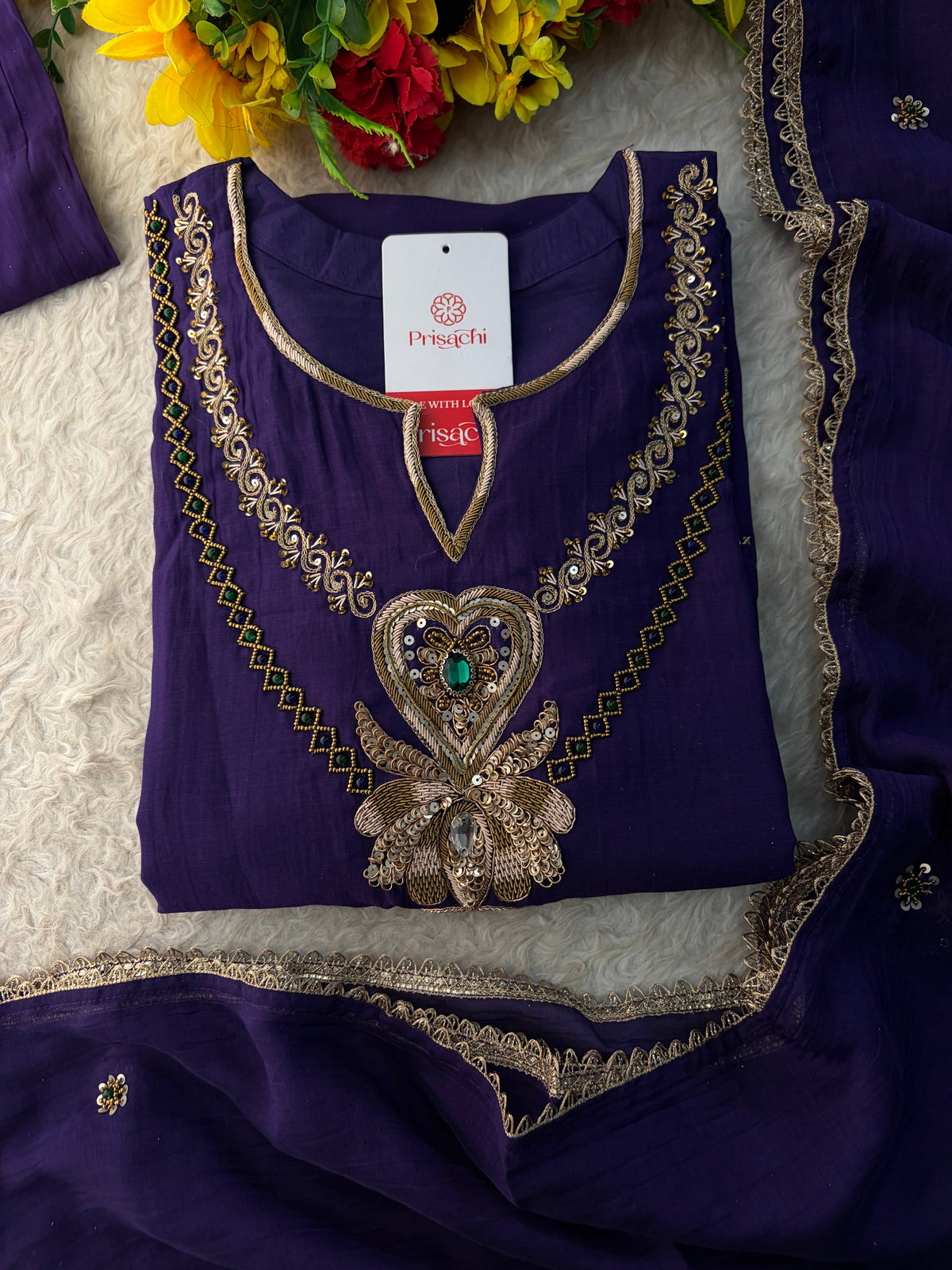Purple Embroidered Ethnic A-line Kurta Set With Pants & Dupatta for Women| Festive Wear Suit