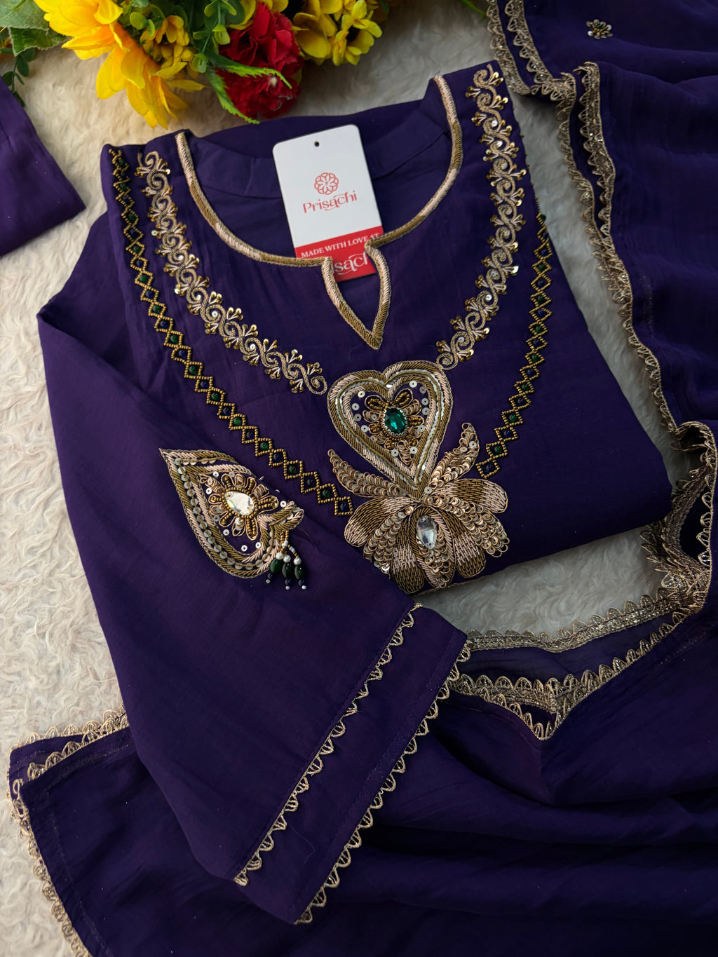Purple Embroidered Ethnic A-line Kurta Set With Pants & Dupatta for Women| Festive Wear Suit