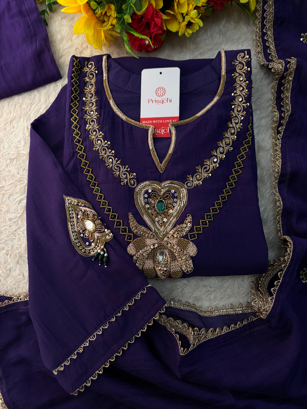 Purple Embroidered Ethnic A-line Kurta Set With Pants & Dupatta for Women| Festive Wear Suit