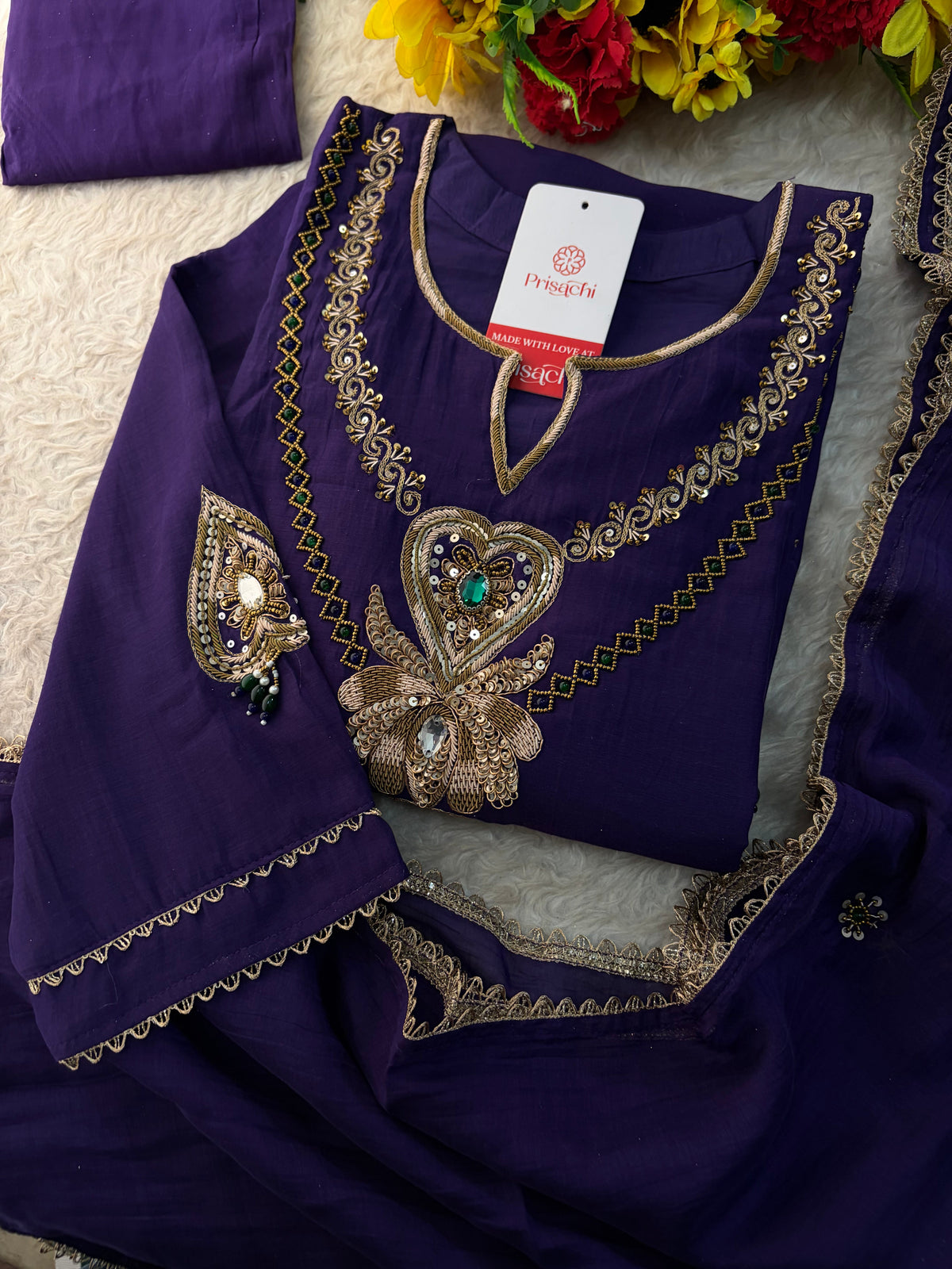 Purple Embroidered Ethnic A-line Kurta Set With Pants & Dupatta for Women| Festive Wear Suit