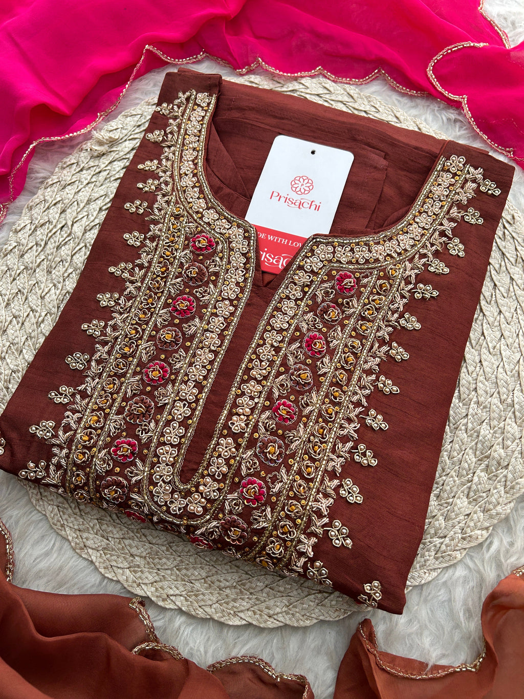 Brown Designer Zardozi Embroidered Ethnic Kurta Set with Pants & Dupatta