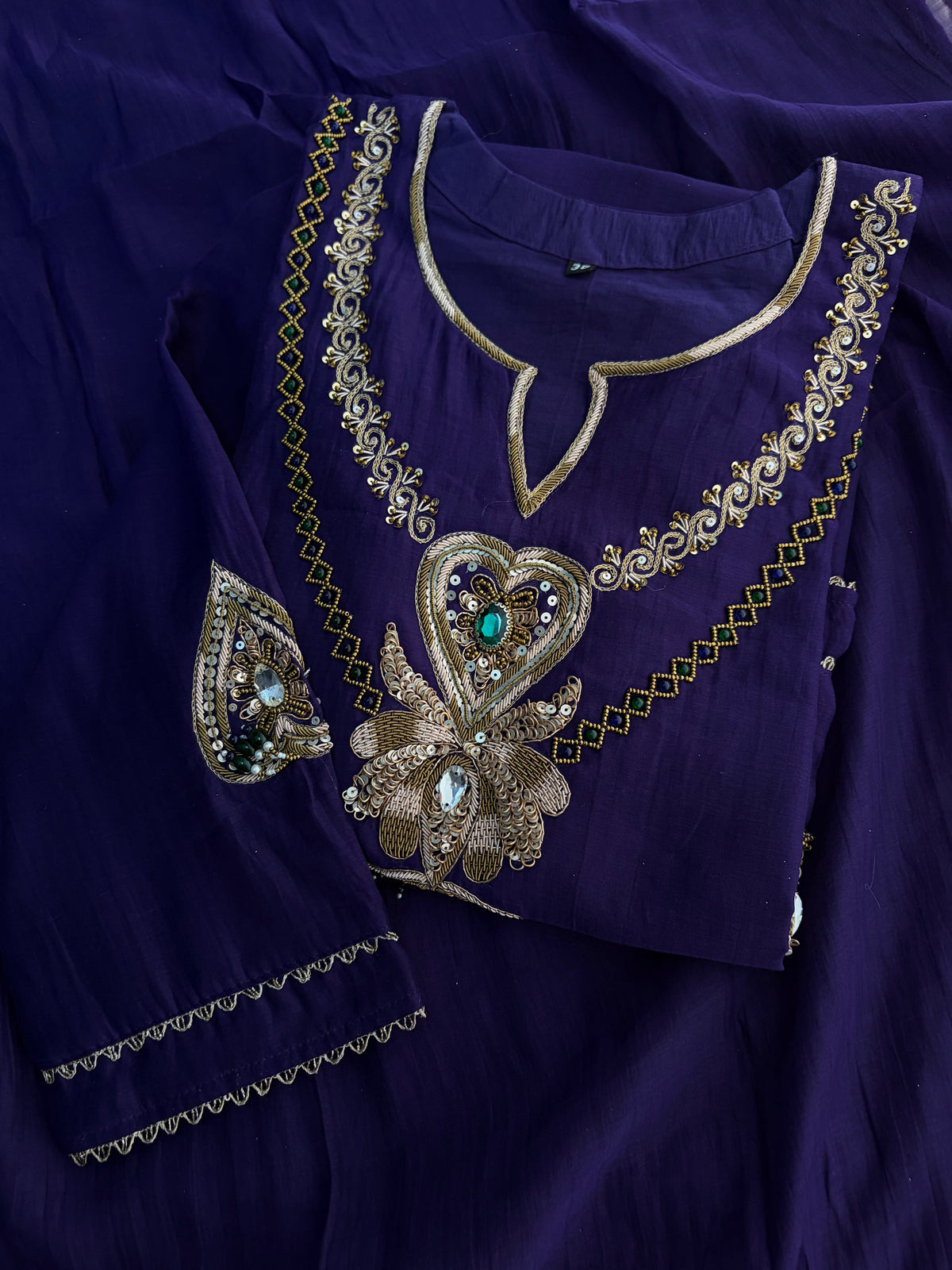 Purple Embroidered Ethnic A-line Kurta Set With Pants & Dupatta for Women| Festive Wear Suit