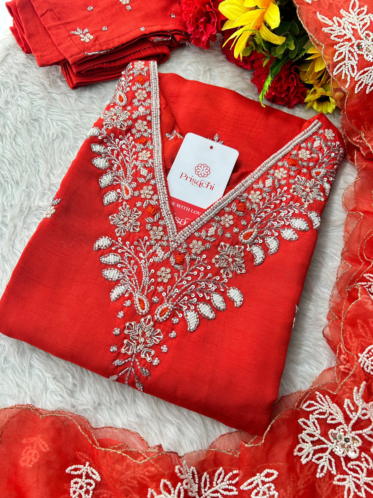Orange Designer Zardozi Embroidered Ethnic Kurta Set with Pants & Dupatta for Women