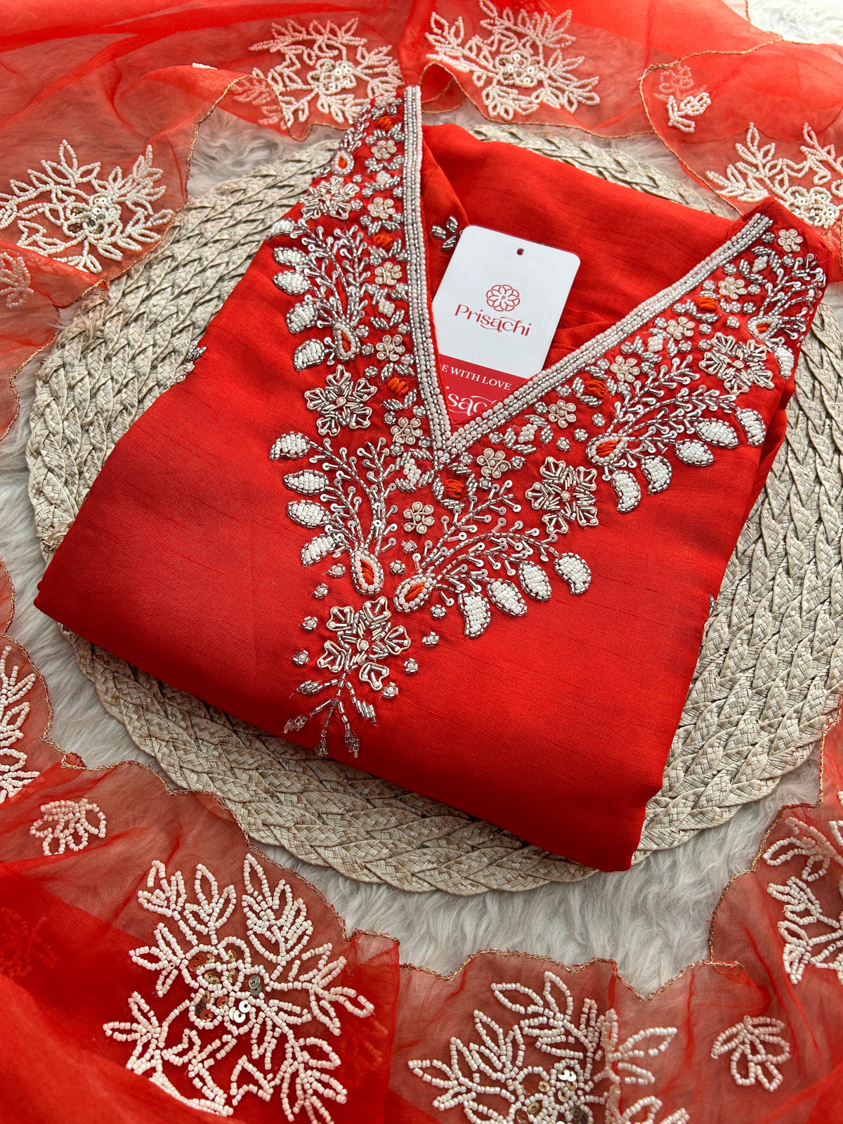 Orange Designer Zardozi Embroidered Ethnic Kurta Set with Pants & Dupatta for Women