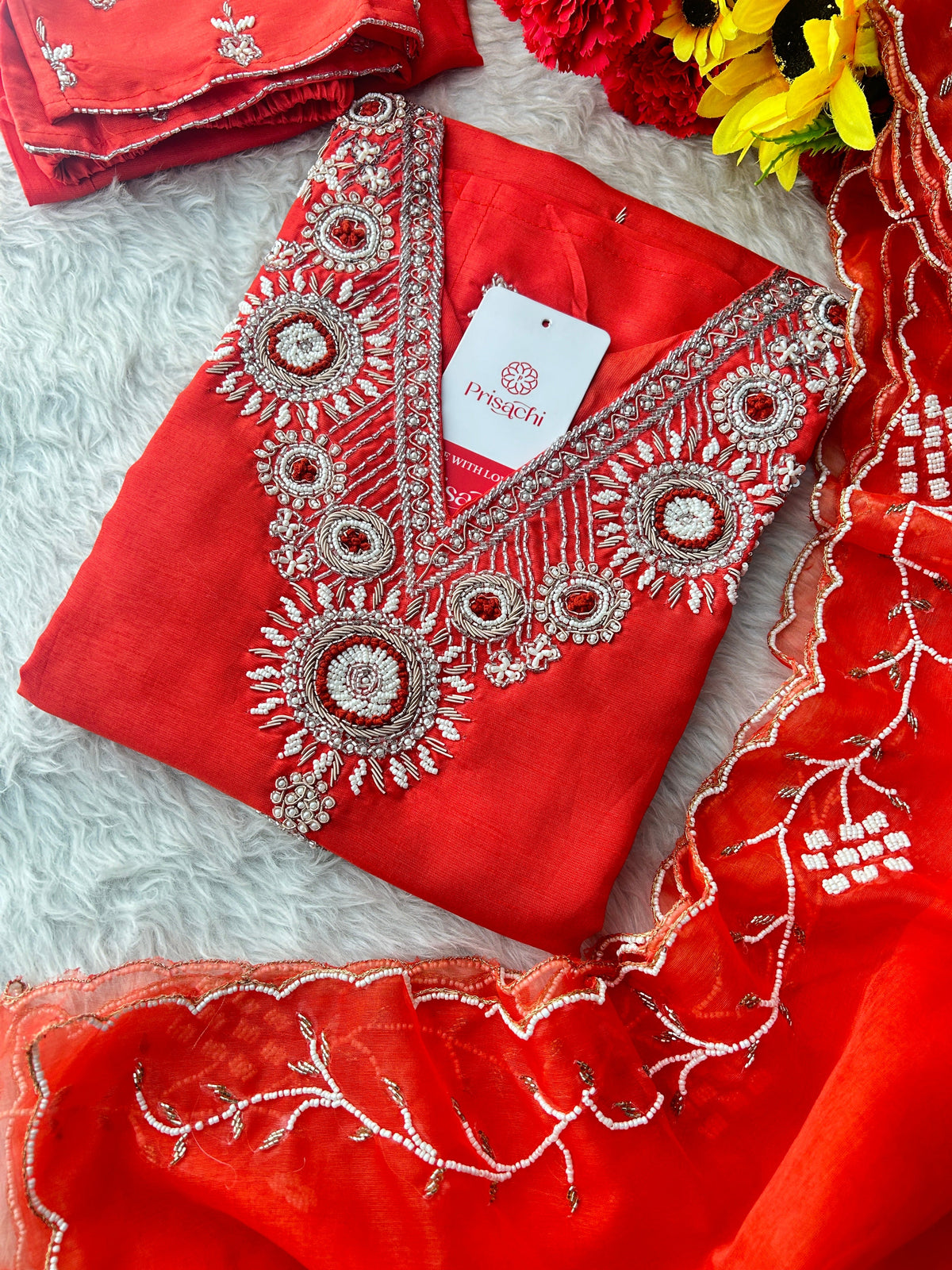 Orange Zardozi Embroidered Kurta Set for Women with Dupatta & Pants | Designer Ethnic Suit Set