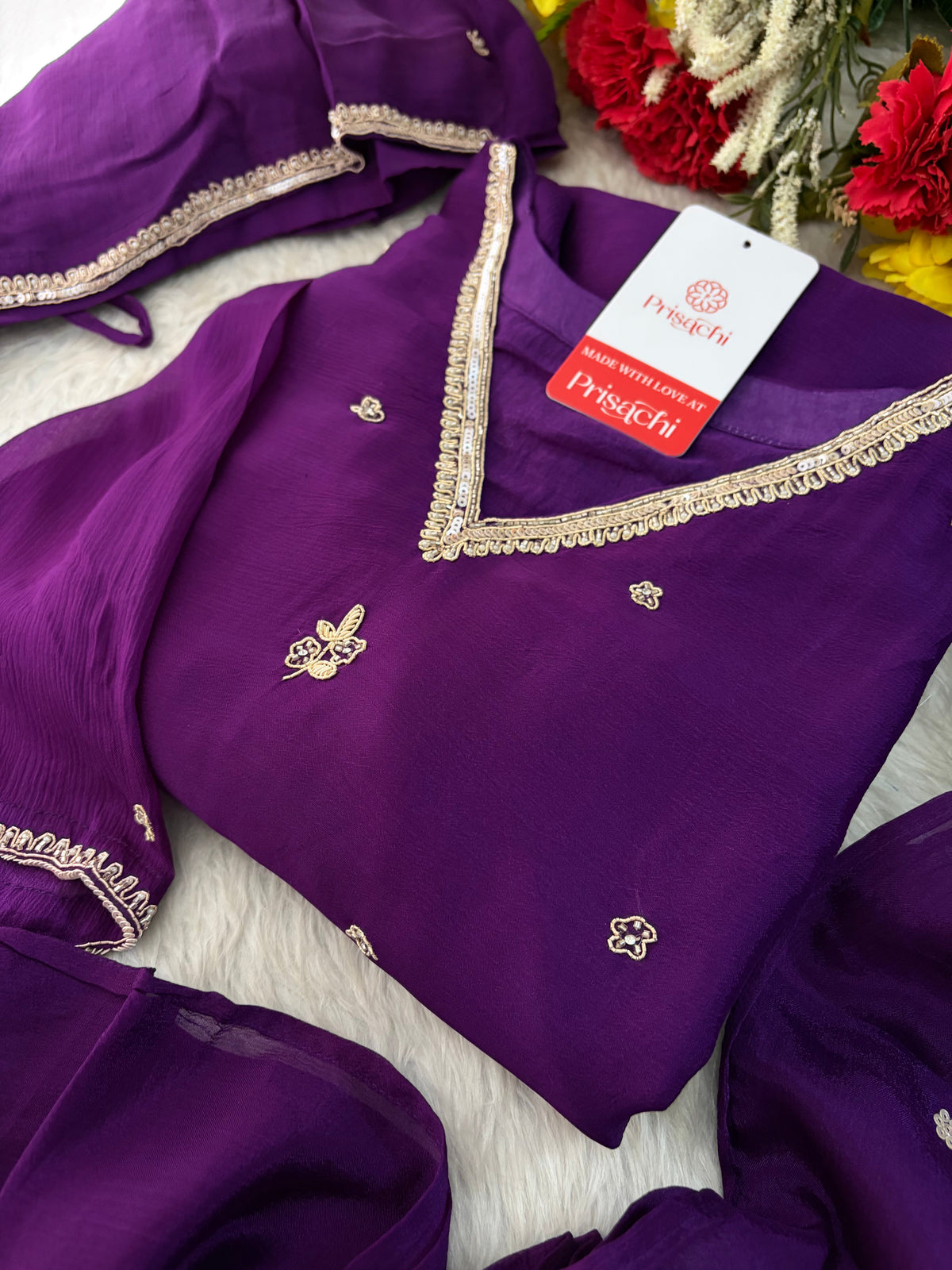 Purple Zardozi Embroidered Kurta Set for Women with Pants & Dupatta | Traditional Ethnic wear