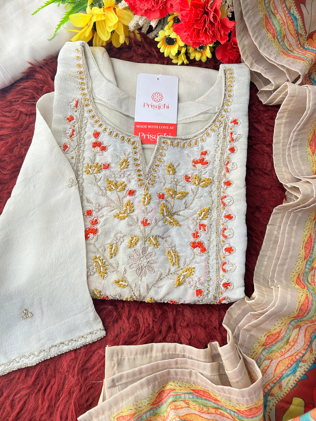 Off White Embroidered Ethnic Kurta Set with Floral Printed Dupatta & Pants