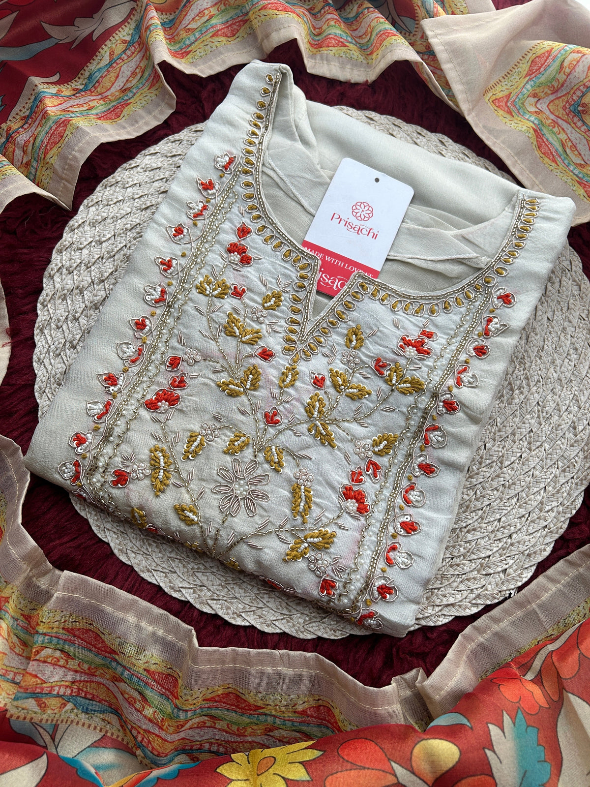 Off White Embroidered Ethnic Kurta Set with Floral Printed Dupatta & Pants