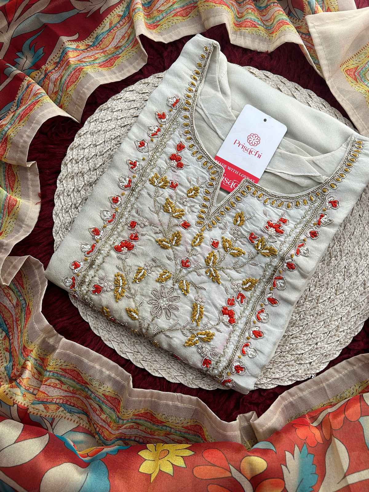 Off White Embroidered Ethnic Kurta Set with Floral Printed Dupatta & Pants
