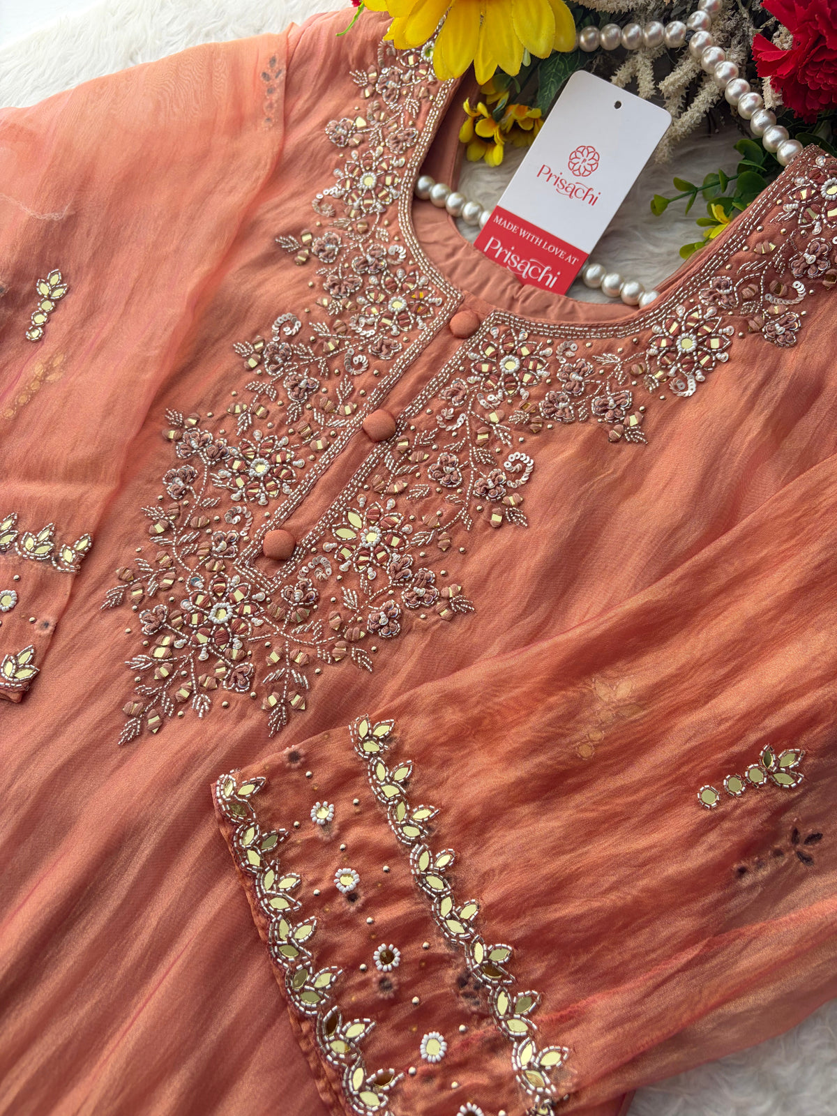 Peach Zardozi Embroidered A Line Kurta Set with Palazzo & Dupatta for Women | Traditional Ethnic Dress