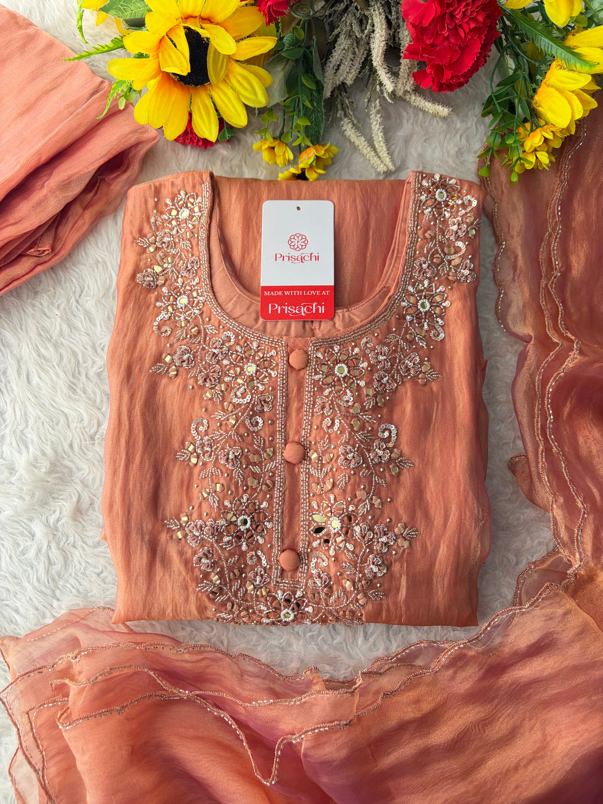 Peach Zardozi Embroidered A Line Kurta Set with Palazzo & Dupatta for Women | Traditional Ethnic Dress