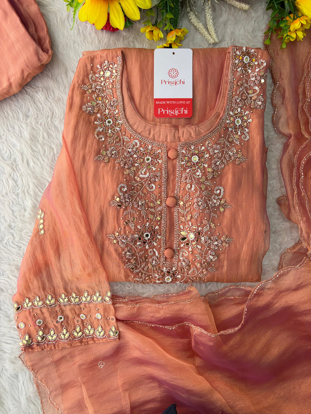Peach Zardozi Embroidered A Line Kurta Set with Palazzo & Dupatta for Women | Traditional Ethnic Dress