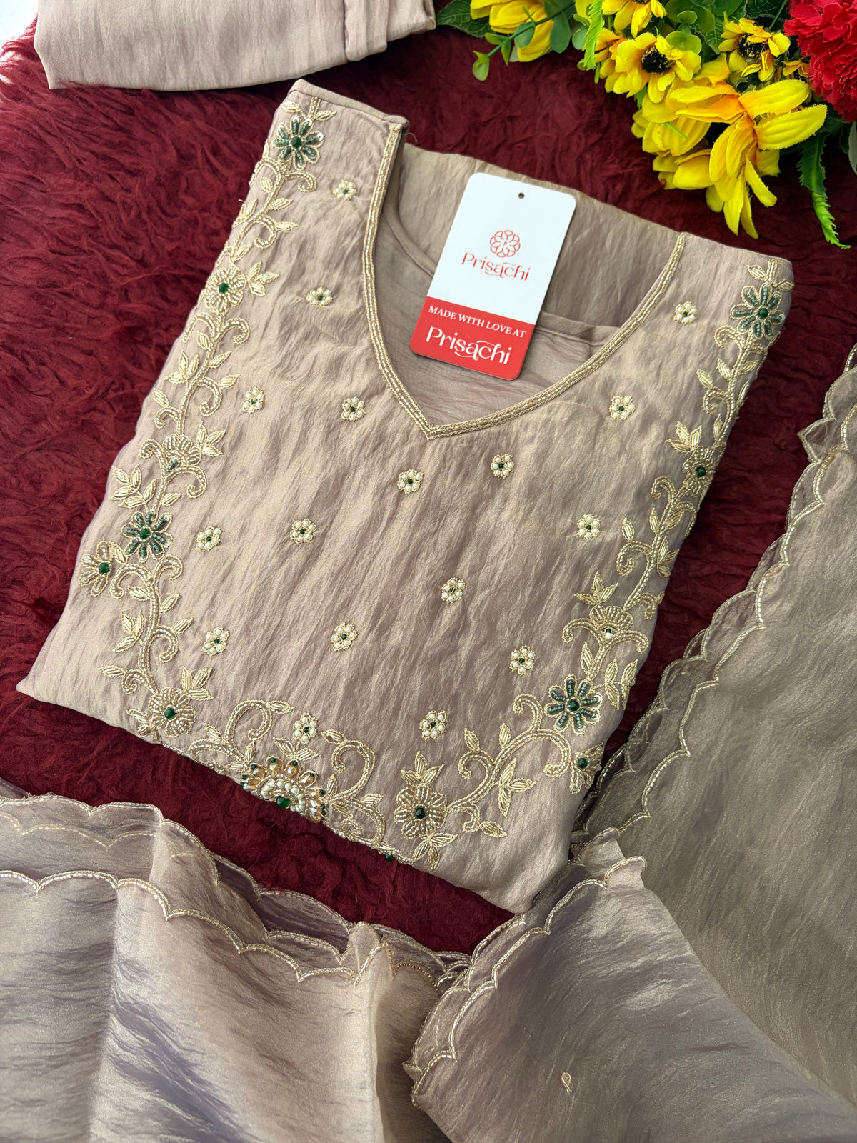 Mauva Zardozi Embroidered Ethnic Kurta Set for Women with Flared Palazzo & Dupatta | Festival & Party Wear
