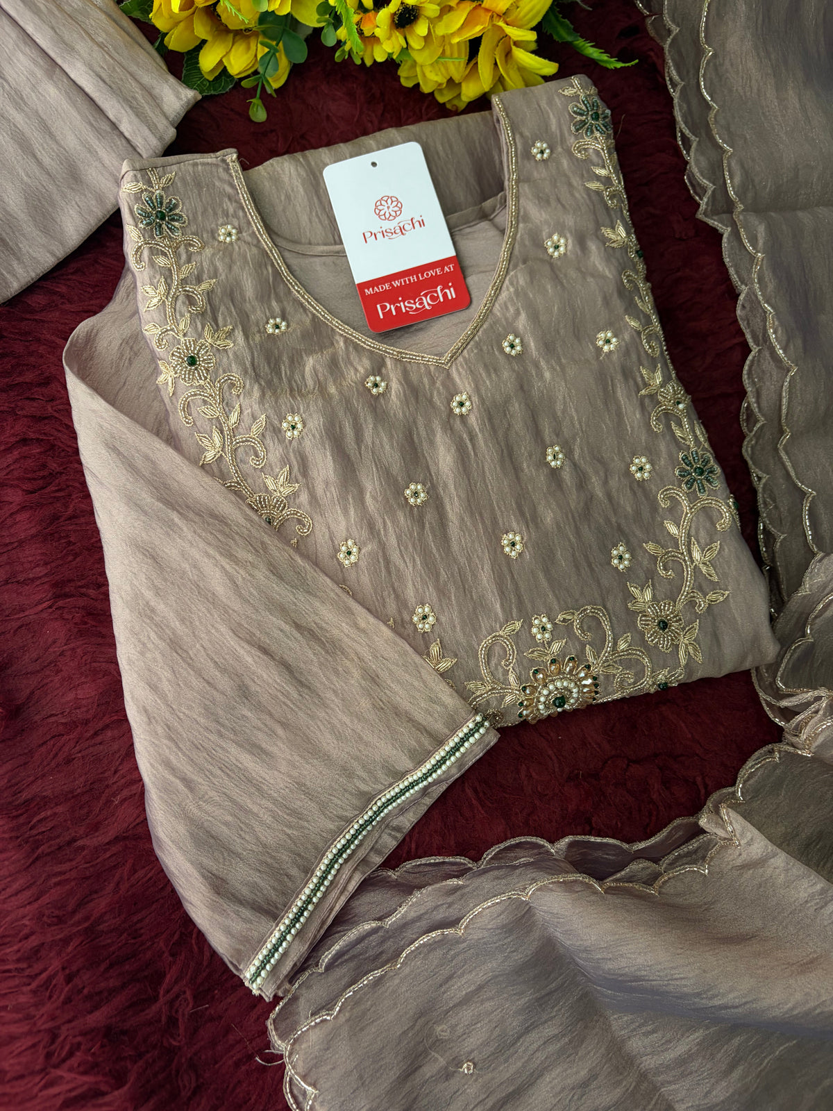 Mauva Zardozi Embroidered Ethnic Kurta Set for Women with Flared Palazzo & Dupatta | Festival & Party Wear