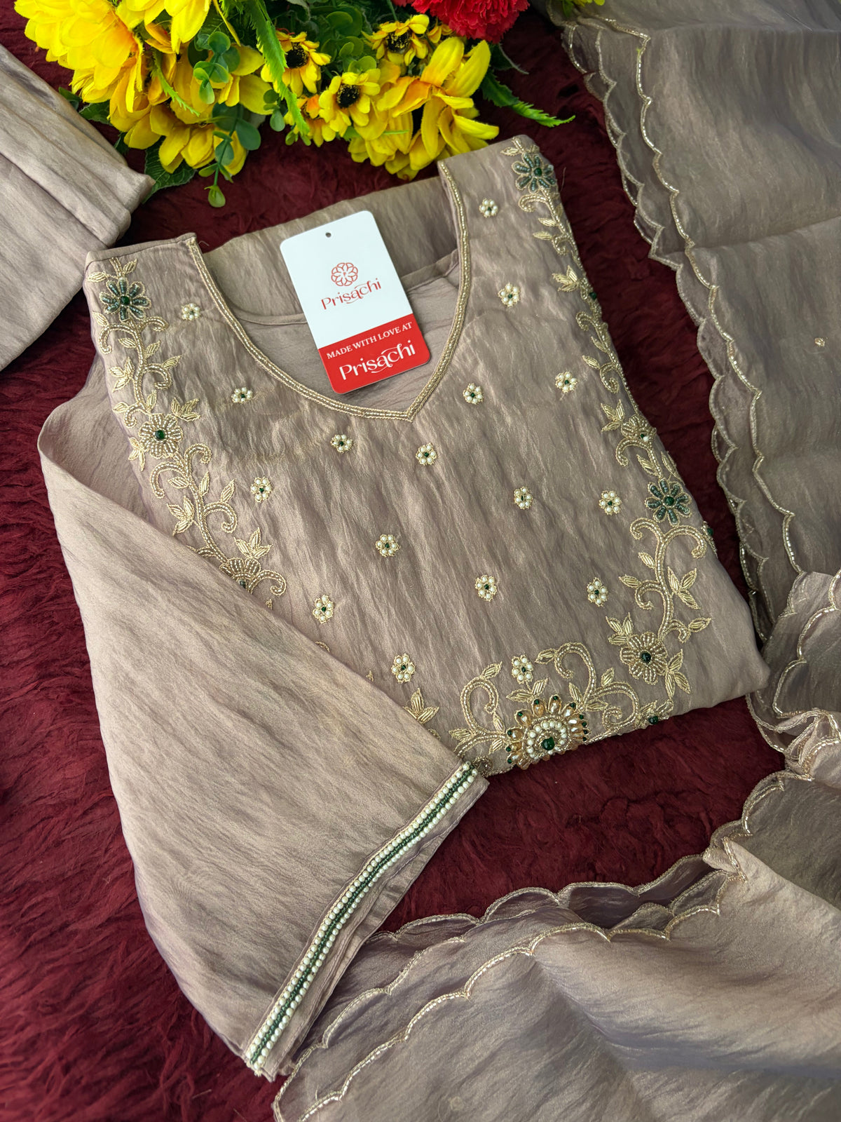 Mauva Zardozi Embroidered Ethnic Kurta Set for Women with Flared Palazzo & Dupatta | Festival & Party Wear