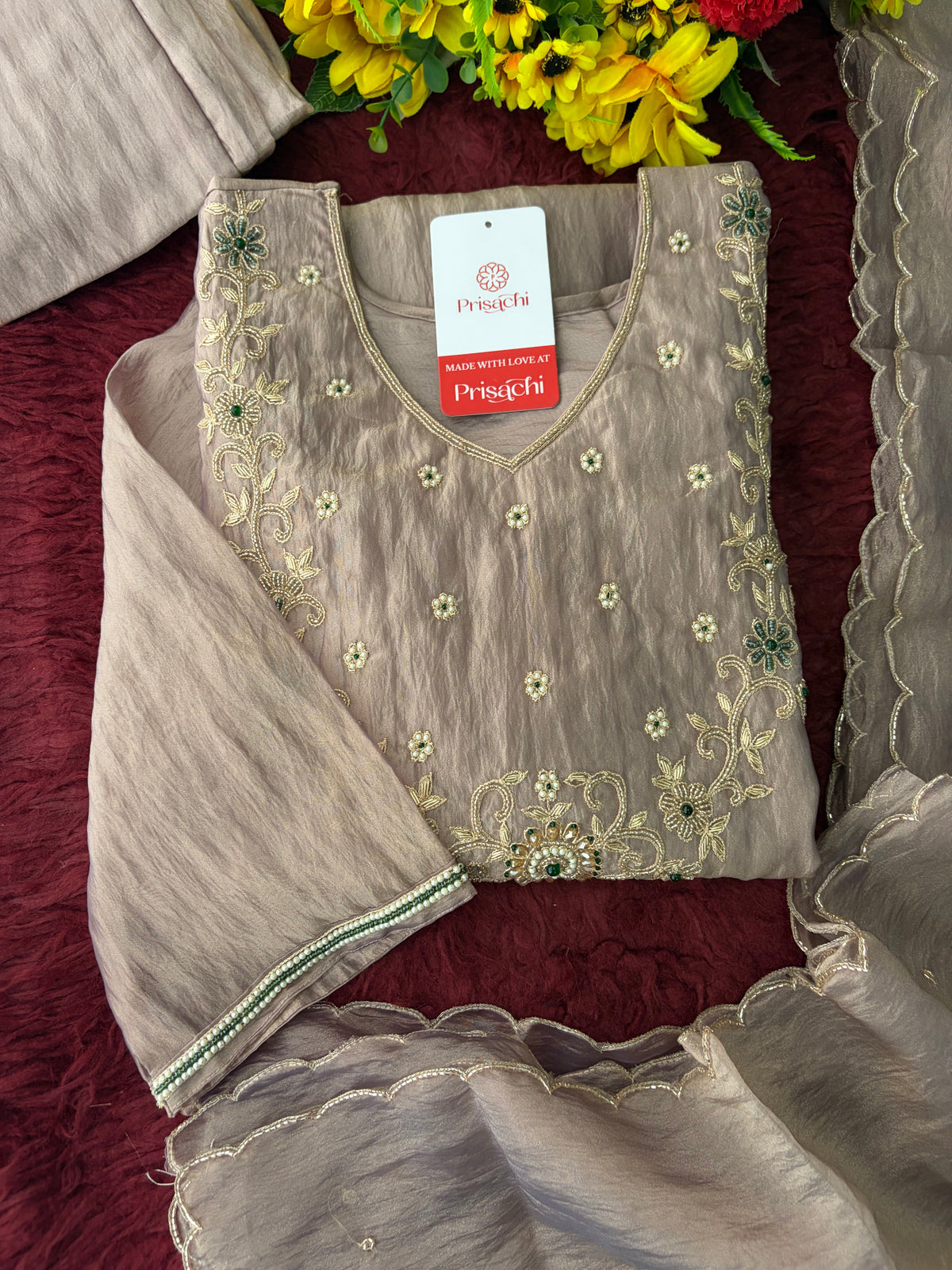 Mauva Zardozi Embroidered Ethnic Kurta Set for Women with Flared Palazzo & Dupatta | Festival & Party Wear
