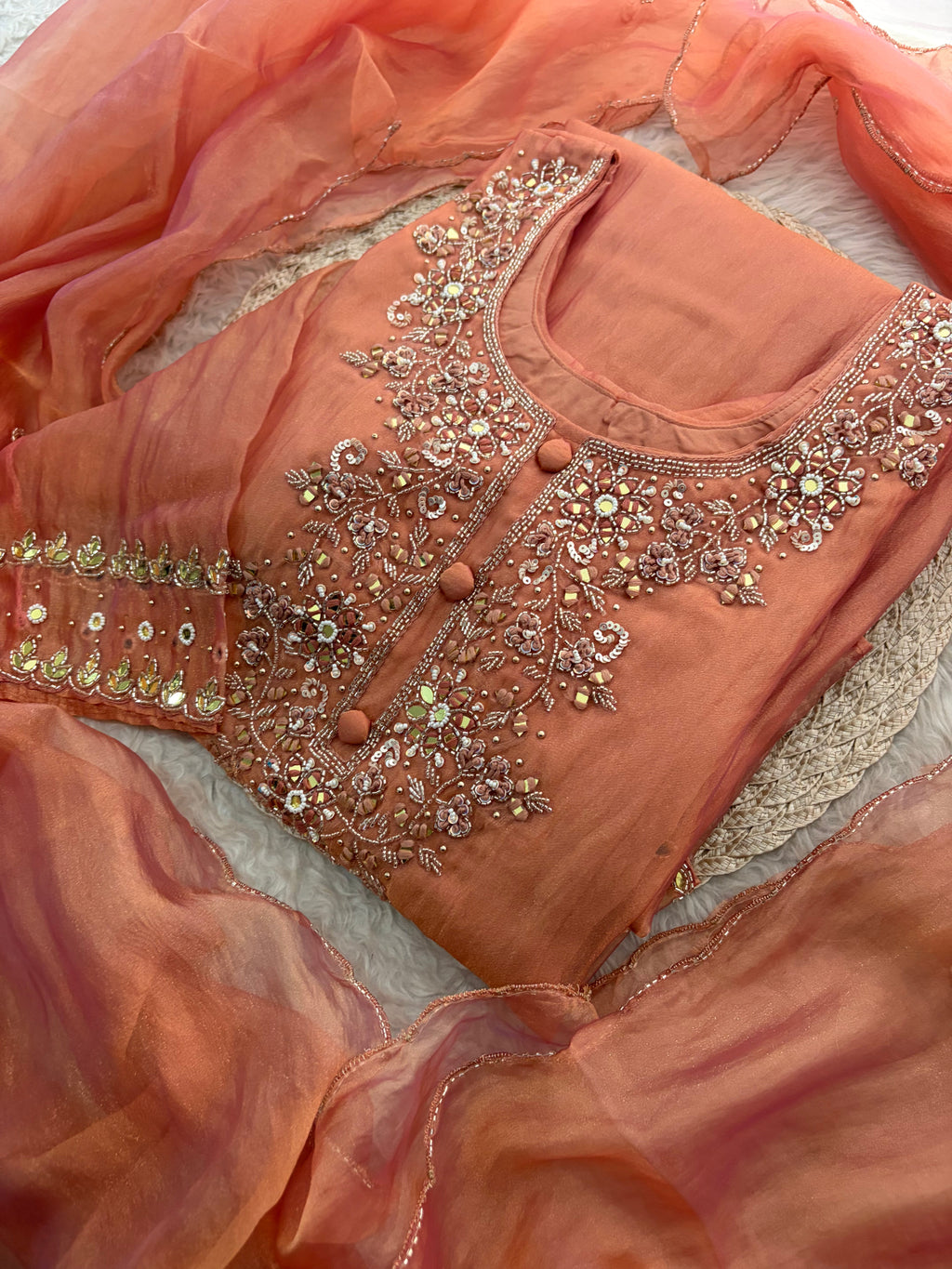 Peach Zardozi Embroidered A Line Kurta Set with Palazzo & Dupatta for Women | Traditional Ethnic Dress
