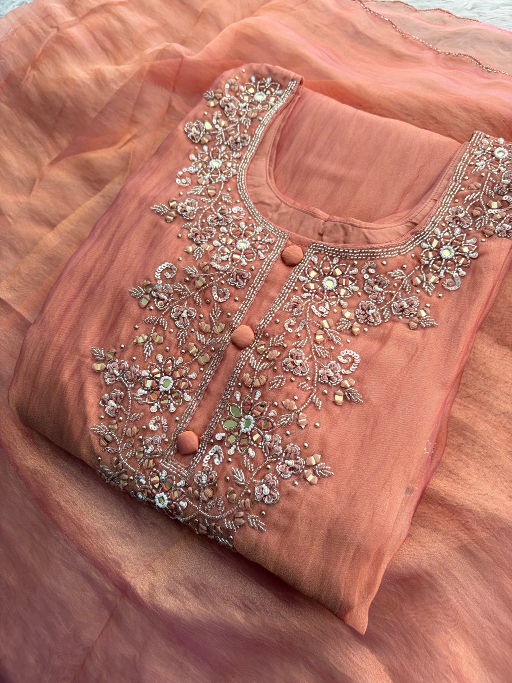 Peach Zardozi Embroidered A Line Kurta Set with Palazzo & Dupatta for Women | Traditional Ethnic Dress