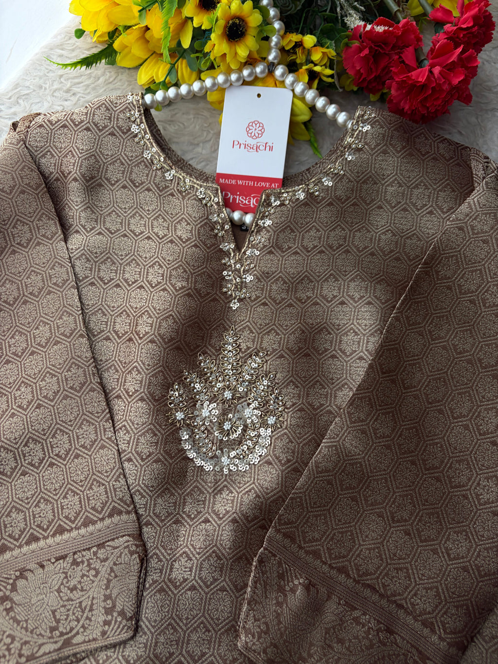 Brown Embroidered Ethnic Kurta Set for Women with Palazzo Pant & Dupatta | Festive Wear & party Wear