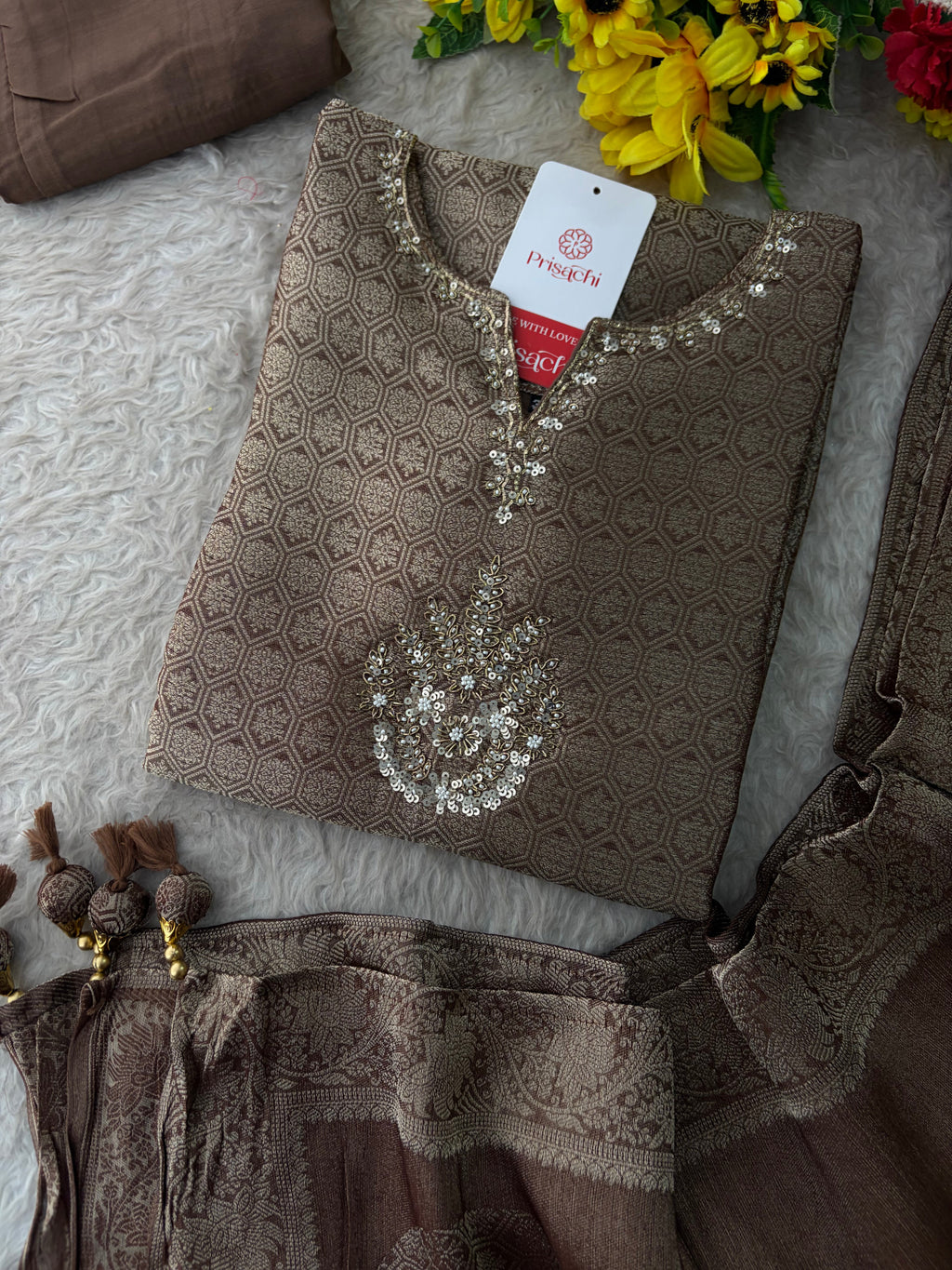Brown Embroidered Ethnic Kurta Set for Women with Palazzo Pant & Dupatta | Festive Wear & party Wear