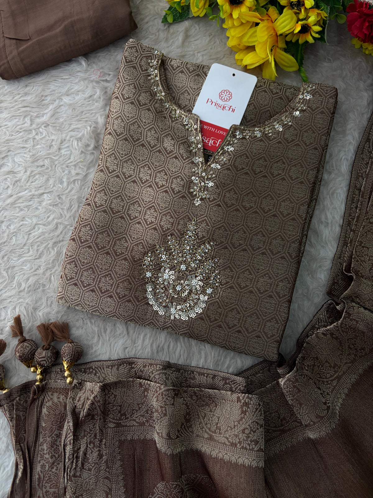Brown Embroidered Ethnic Kurta Set for Women with Palazzo Pant & Dupatta | Festive Wear & party Wear