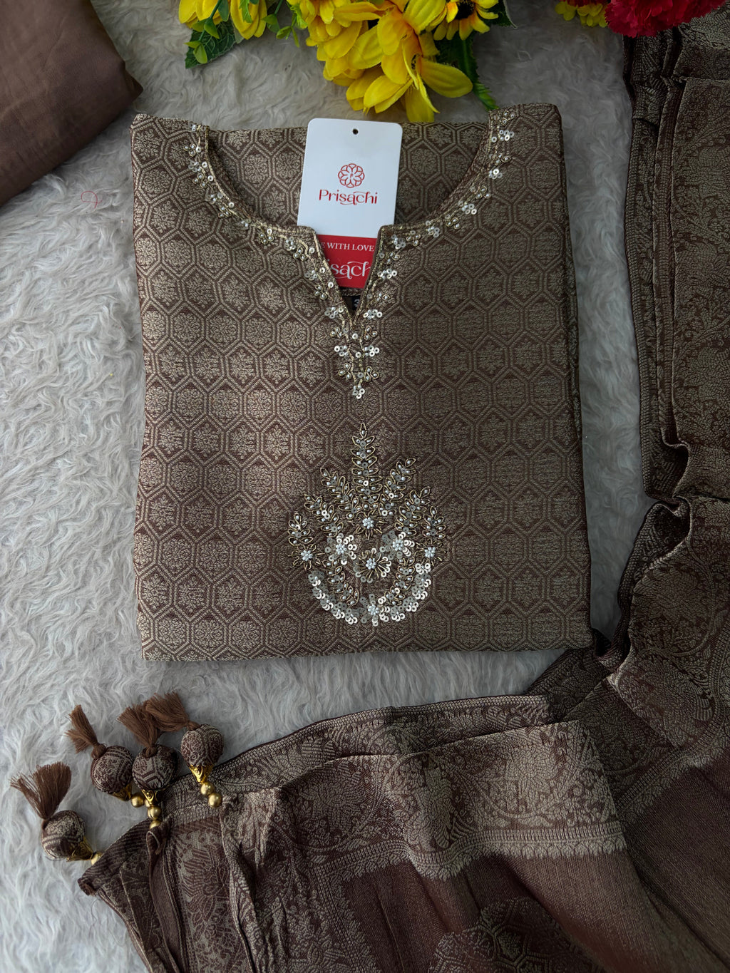 Brown Embroidered Ethnic Kurta Set for Women with Palazzo Pant & Dupatta | Festive Wear & party Wear
