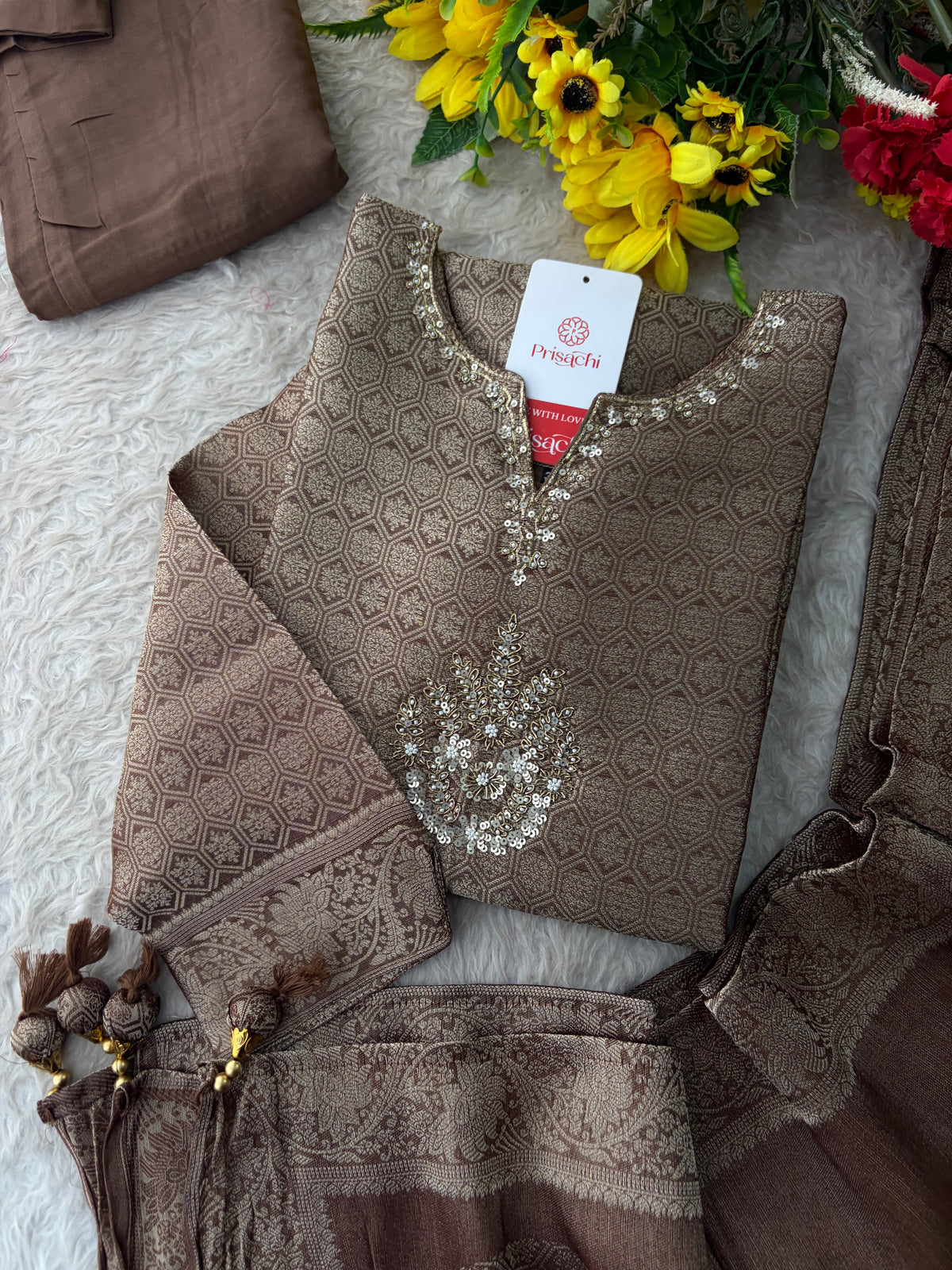 Brown Embroidered Ethnic Kurta Set for Women with Palazzo Pant & Dupatta | Festive Wear & party Wear