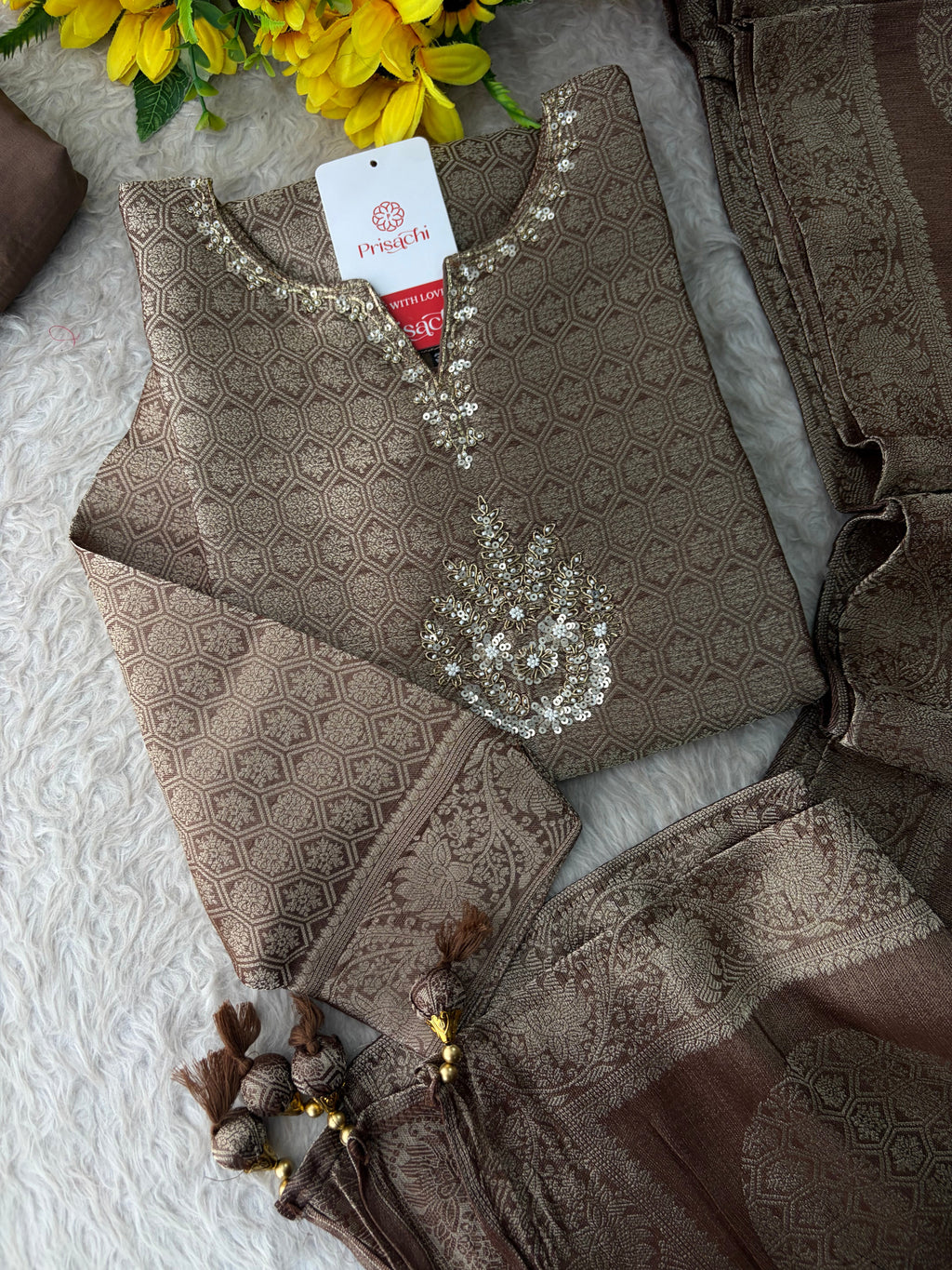 Brown Embroidered Ethnic Kurta Set for Women with Palazzo Pant & Dupatta | Festive Wear & party Wear