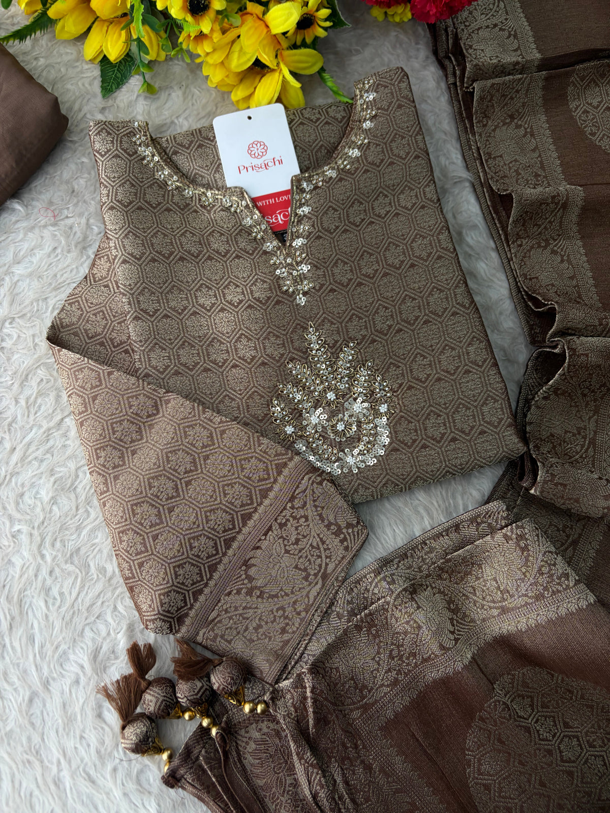 Brown Embroidered Ethnic Kurta Set for Women with Palazzo Pant & Dupatta | Festive Wear & party Wear