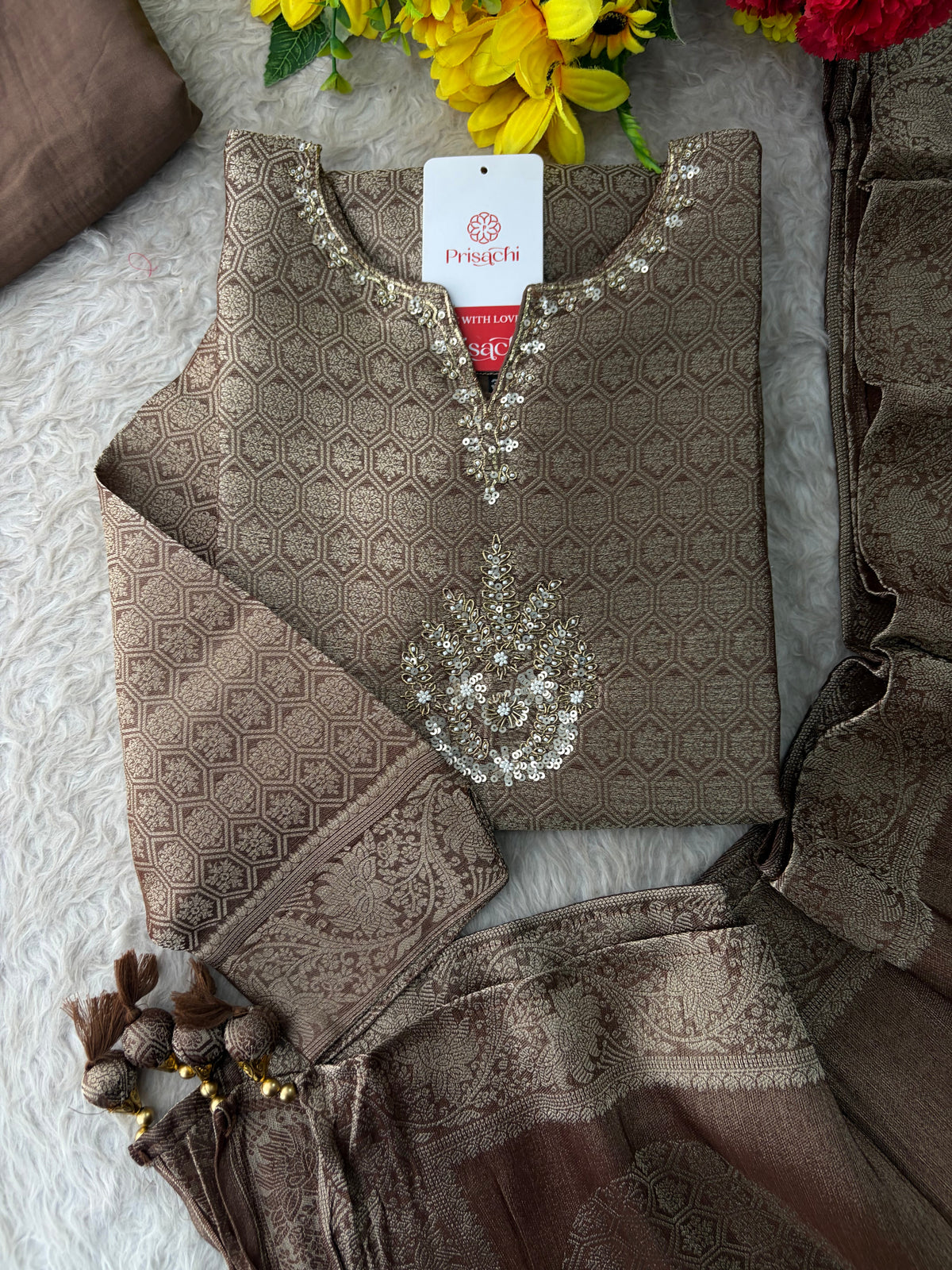 Brown Embroidered Ethnic Kurta Set for Women with Palazzo Pant & Dupatta | Festive Wear & party Wear