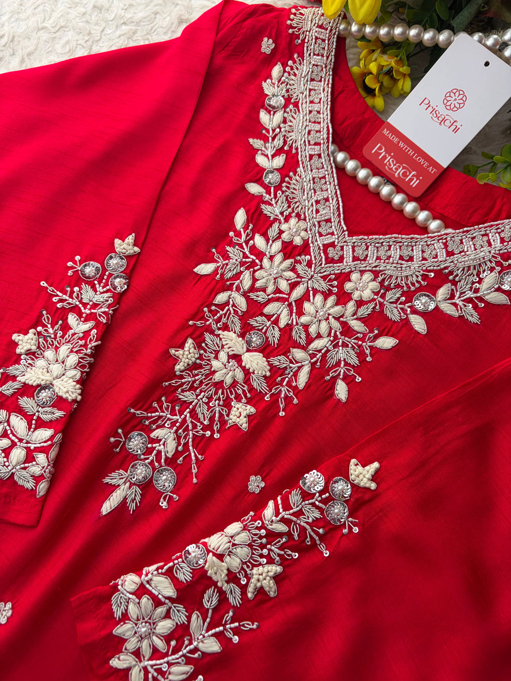 Red Zardozi Embroidered Kurta Set for Women with Pants & Dupatta | Festive Ethnic wear