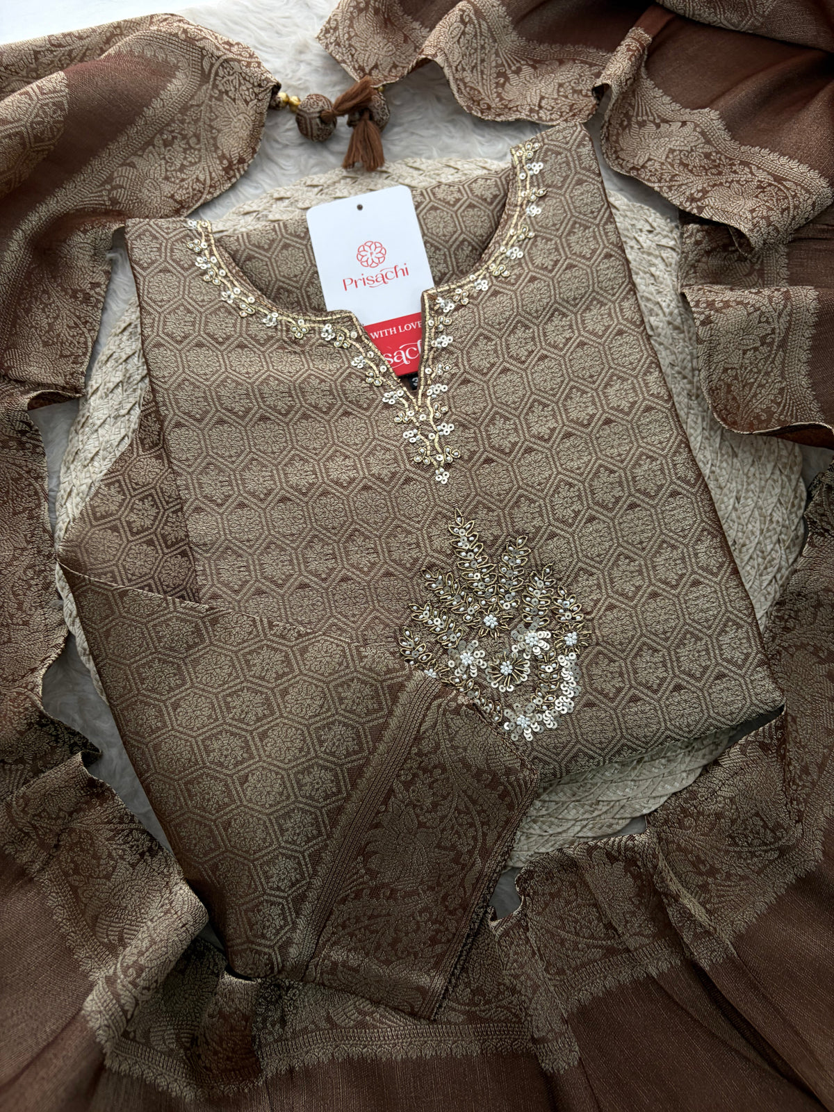 Brown Embroidered Ethnic Kurta Set for Women with Palazzo Pant & Dupatta | Festive Wear & party Wear
