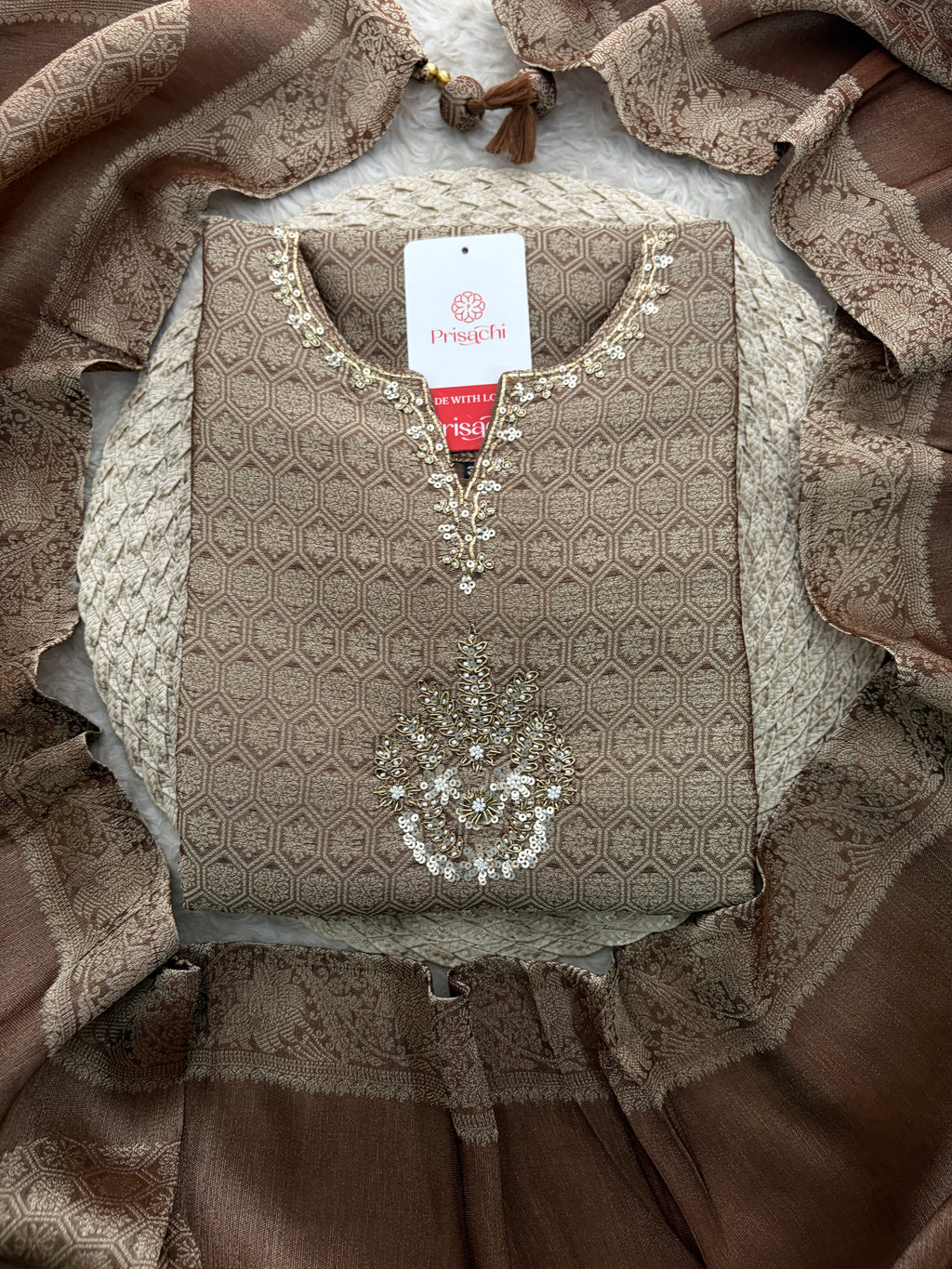 Brown Embroidered Ethnic Kurta Set for Women with Palazzo Pant & Dupatta | Festive Wear & party Wear