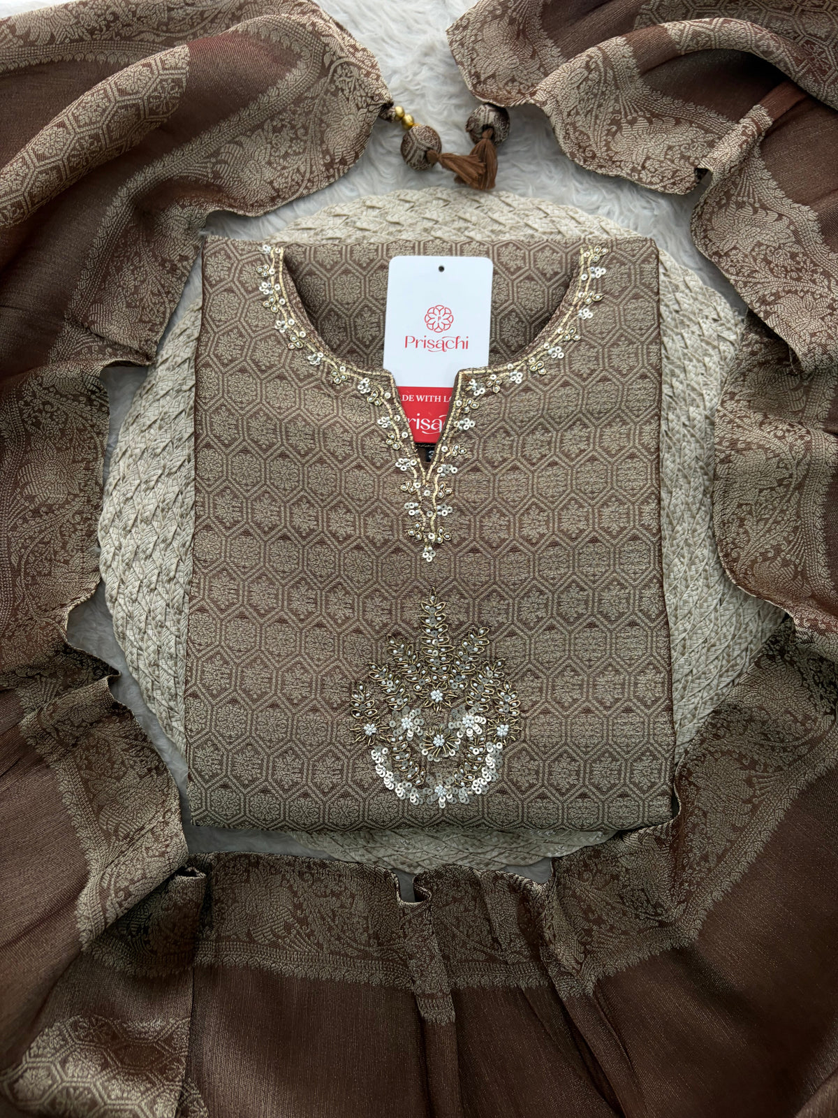 Brown Embroidered Ethnic Kurta Set for Women with Palazzo Pant & Dupatta | Festive Wear & party Wear