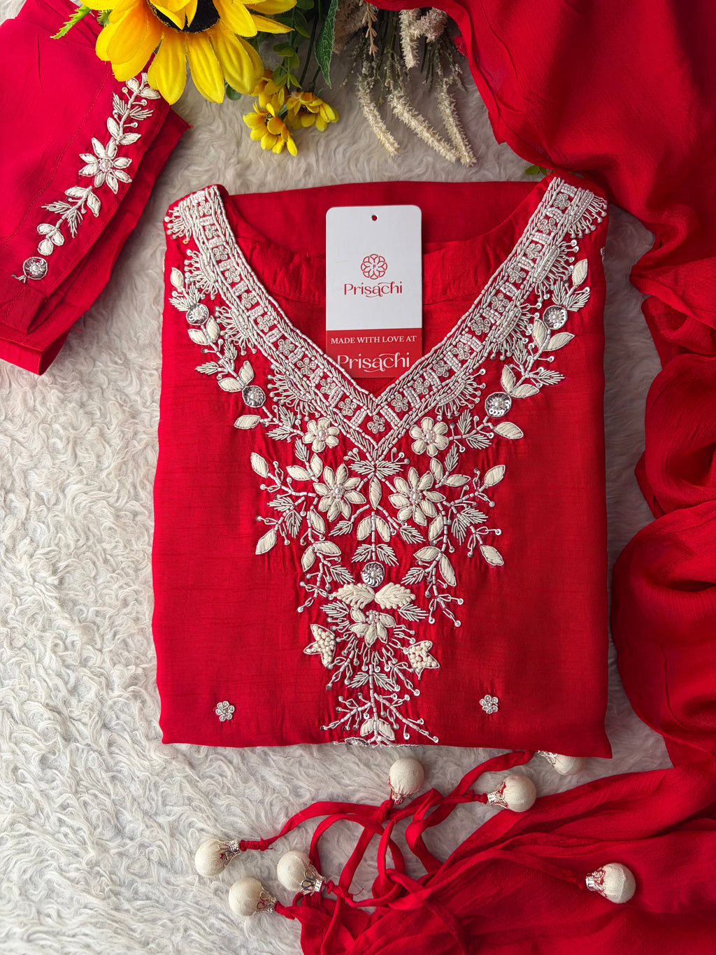 Red Zardozi Embroidered Kurta Set for Women with Pants & Dupatta | Festive Ethnic wear