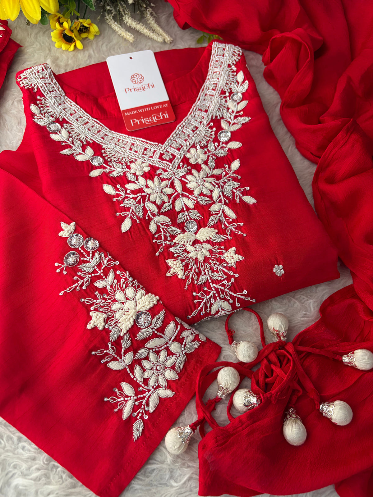 Red Zardozi Embroidered Kurta Set for Women with Pants & Dupatta | Festive Ethnic wear
