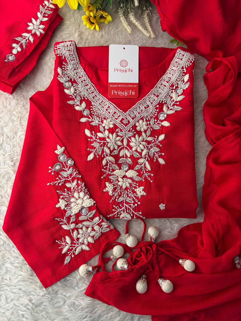 Red Zardozi Embroidered Kurta Set for Women with Pants & Dupatta | Festive Ethnic wear