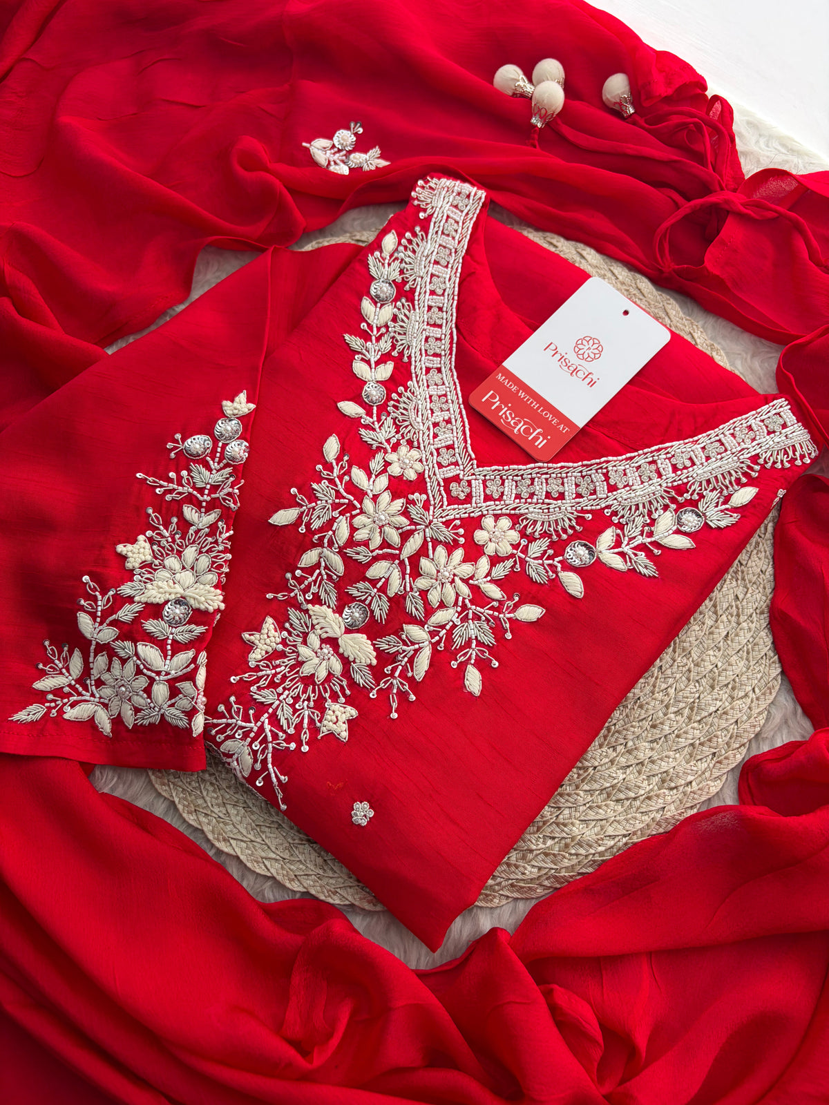 Red Zardozi Embroidered Kurta Set for Women with Pants & Dupatta | Festive Ethnic wear