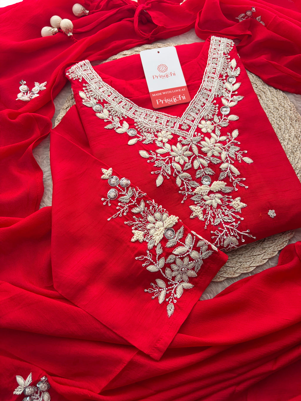 Red Zardozi Embroidered Kurta Set for Women with Pants & Dupatta | Festive Ethnic wear