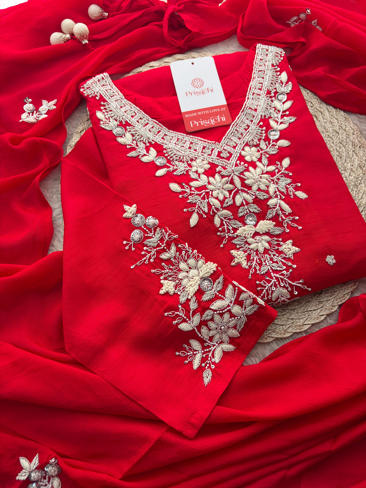 Red Zardozi Embroidered Kurta Set for Women with Pants & Dupatta | Festive Ethnic wear