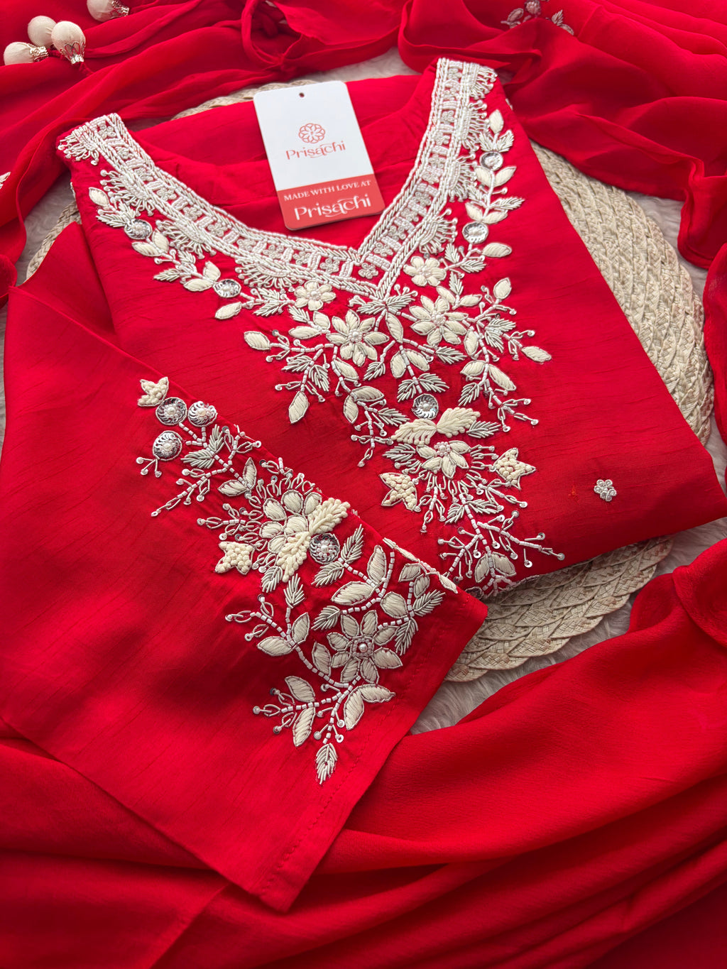 Red Zardozi Embroidered Kurta Set for Women with Pants & Dupatta | Festive Ethnic wear