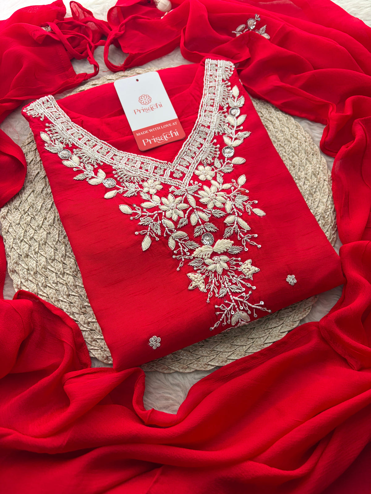 Red Zardozi Embroidered Kurta Set for Women with Pants & Dupatta | Festive Ethnic wear