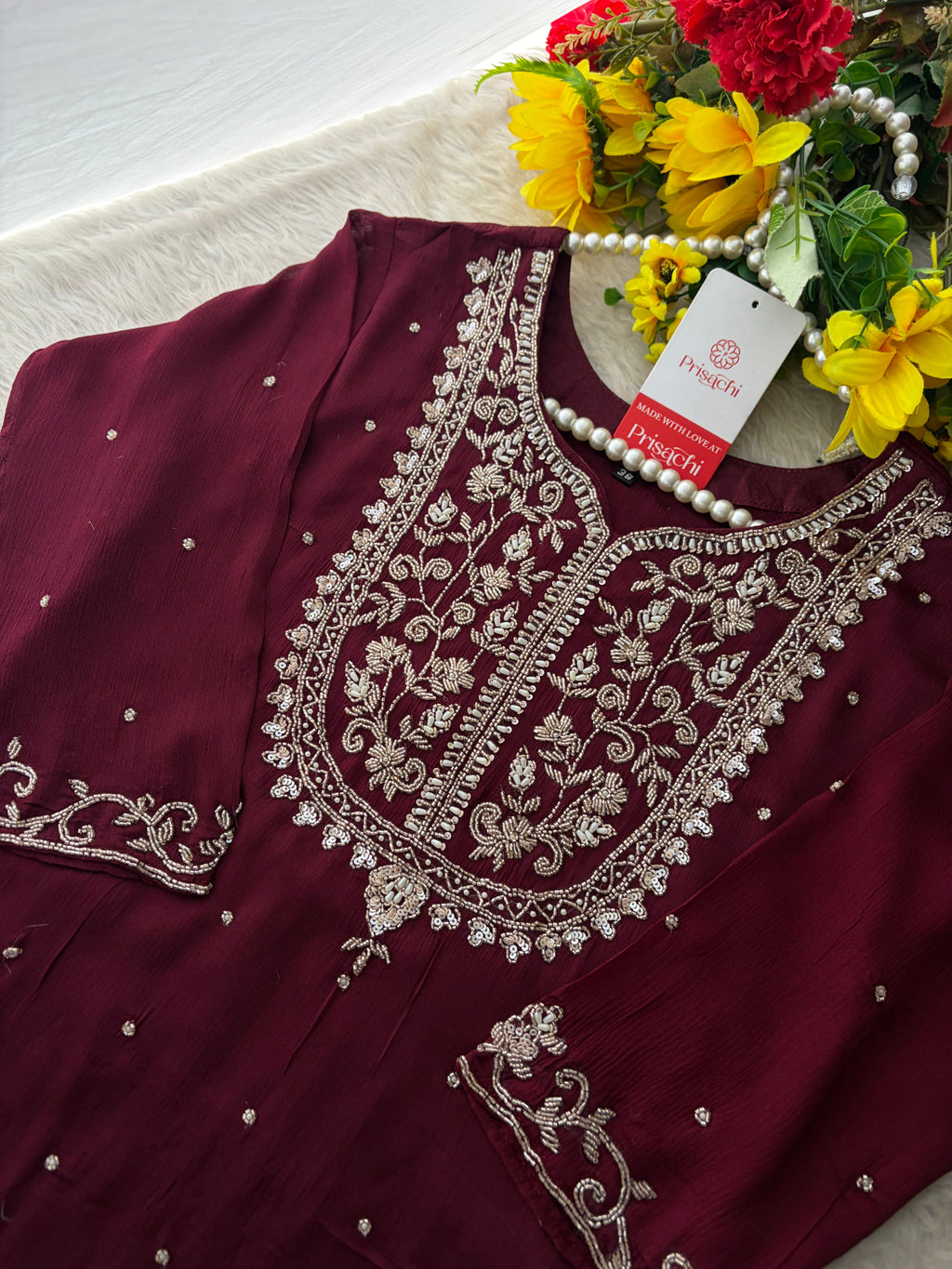 Wine Embroidered Ethnic Kurti Sharara Set with Dupatta