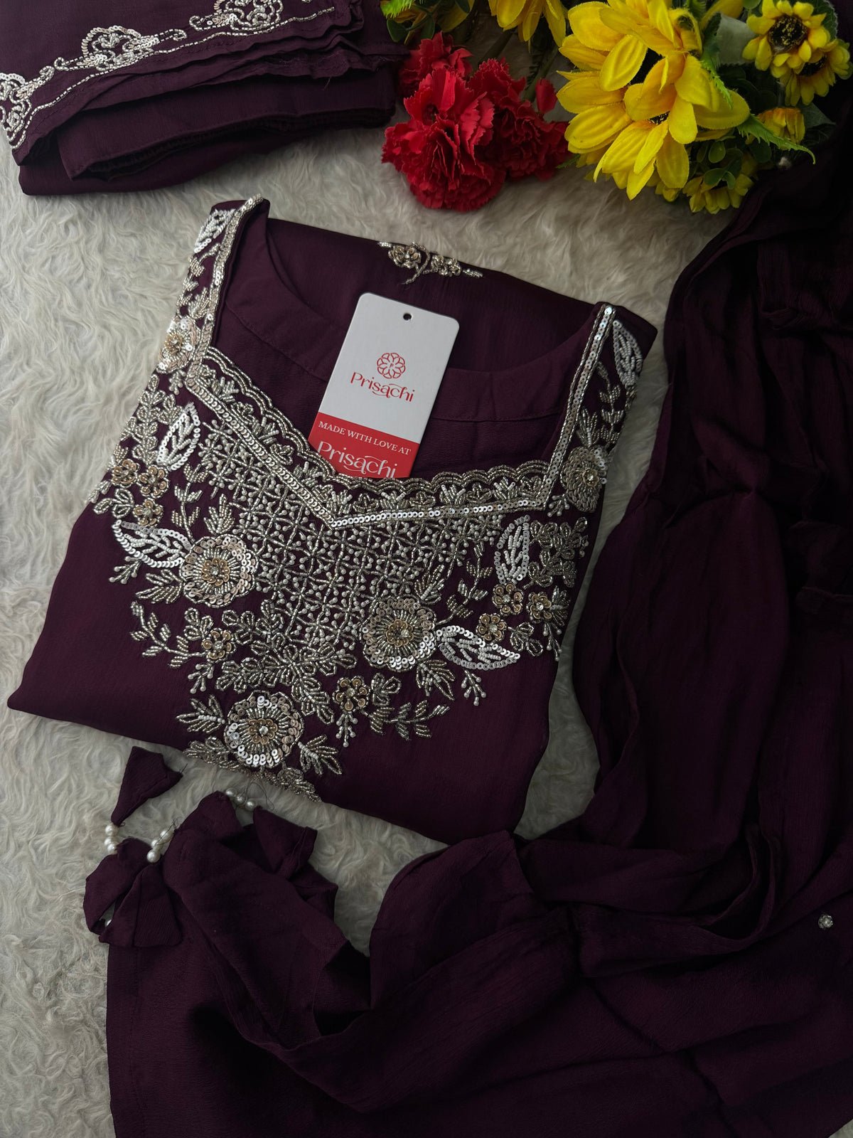 Wine Embroidered Kurti Sharara Suit Set with Dupatta for Women