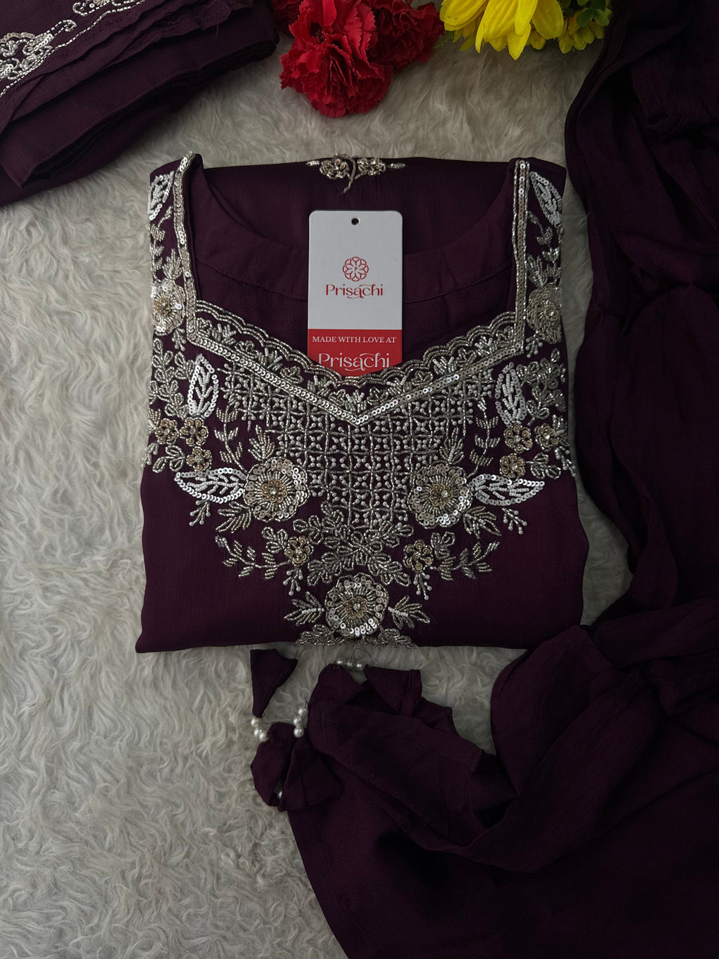 Wine Embroidered Kurti Sharara Suit Set with Dupatta for Women
