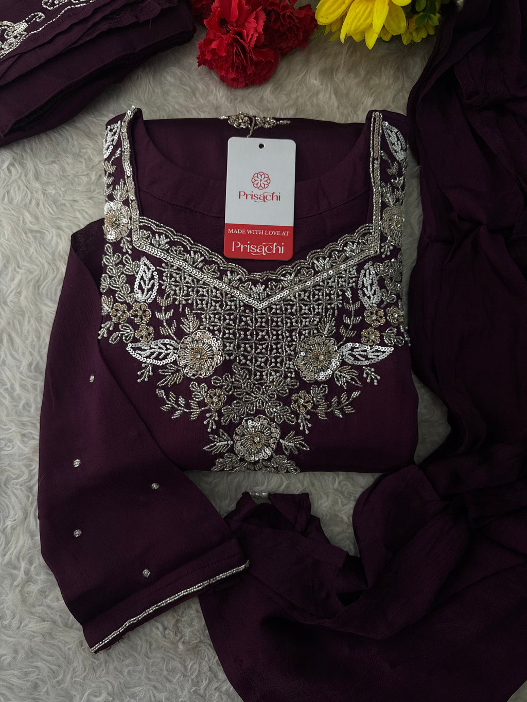 Wine Embroidered Kurti Sharara Suit Set with Dupatta for Women