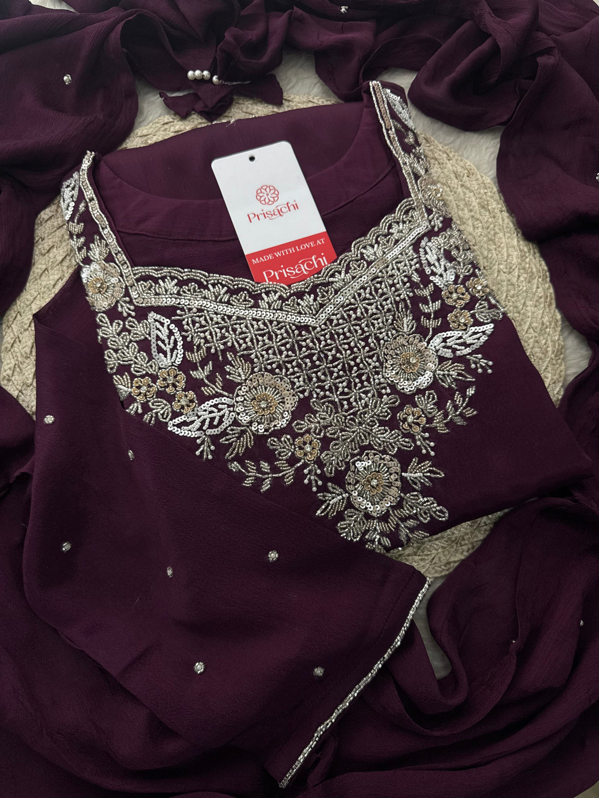 Wine Embroidered Kurti Sharara Suit Set with Dupatta for Women