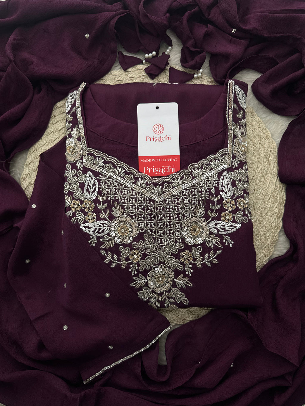 Wine Embroidered Kurti Sharara Suit Set with Dupatta for Women