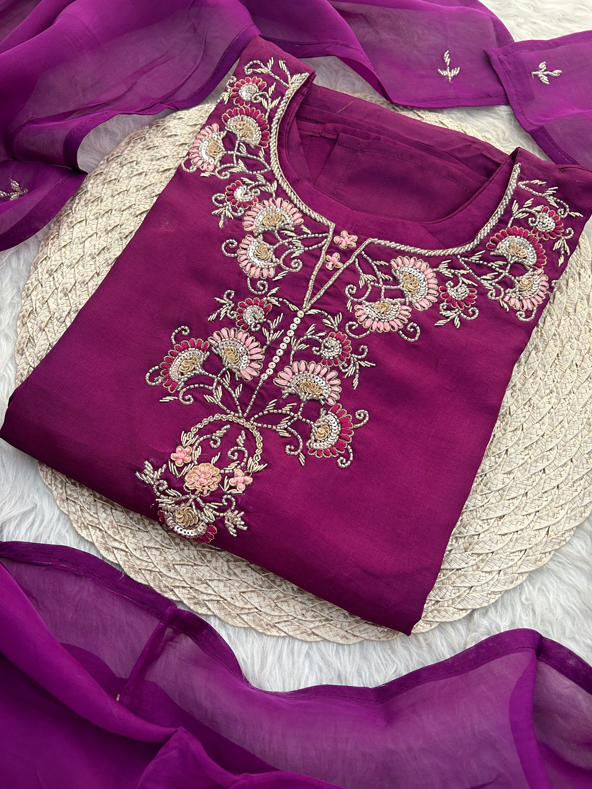 White Zardozi Embroidered Kurta Set with Dupatta & Pants for Women | Traditional Ethnic Suit Set