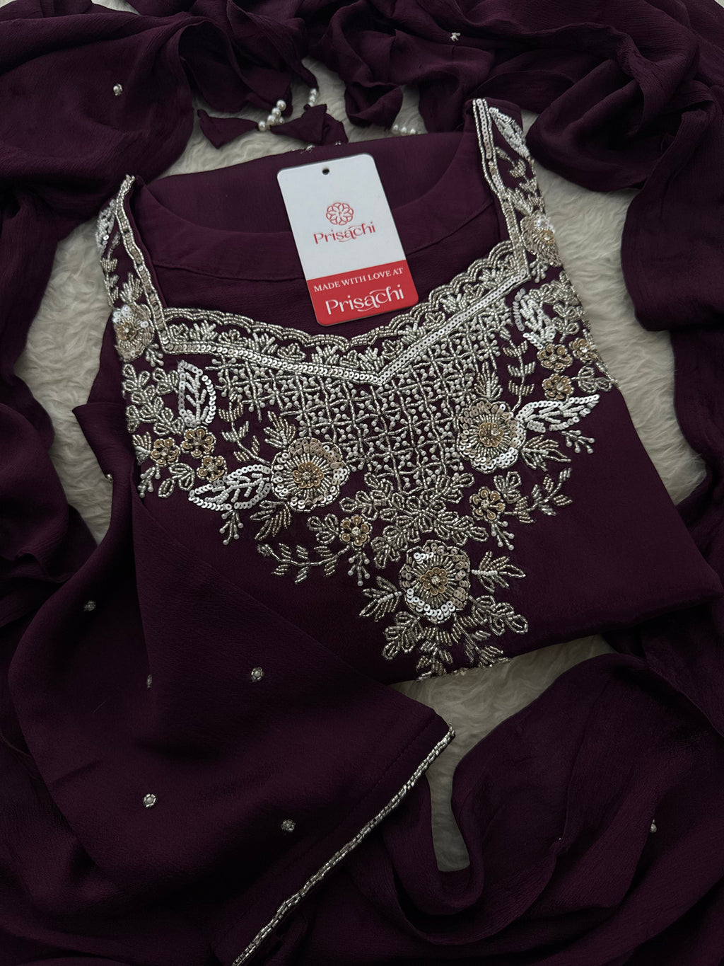 Wine Embroidered Kurti Sharara Suit Set with Dupatta for Women
